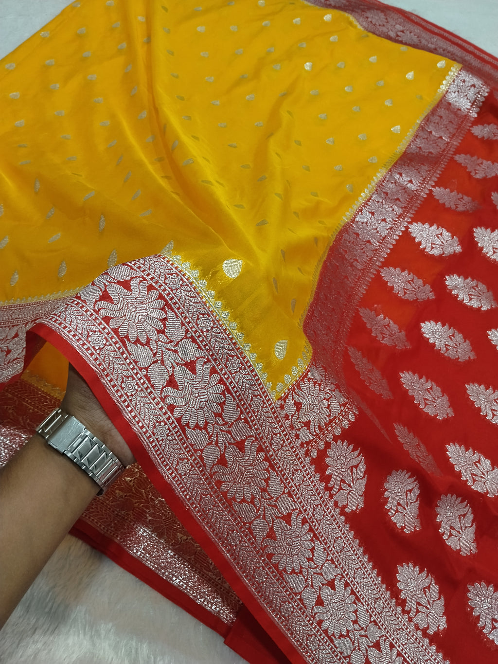 Red And Yellow Colour Banarasi Khaddi Georgette Saree Small Buti