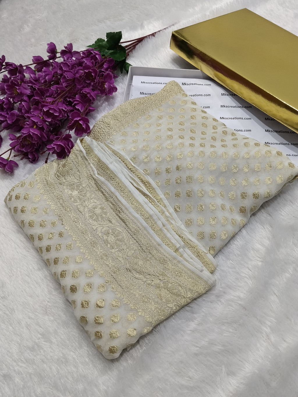 Cream Colour Handloom Pure Banarasi Khaddi Georgette Saree Buti Design Water Zari