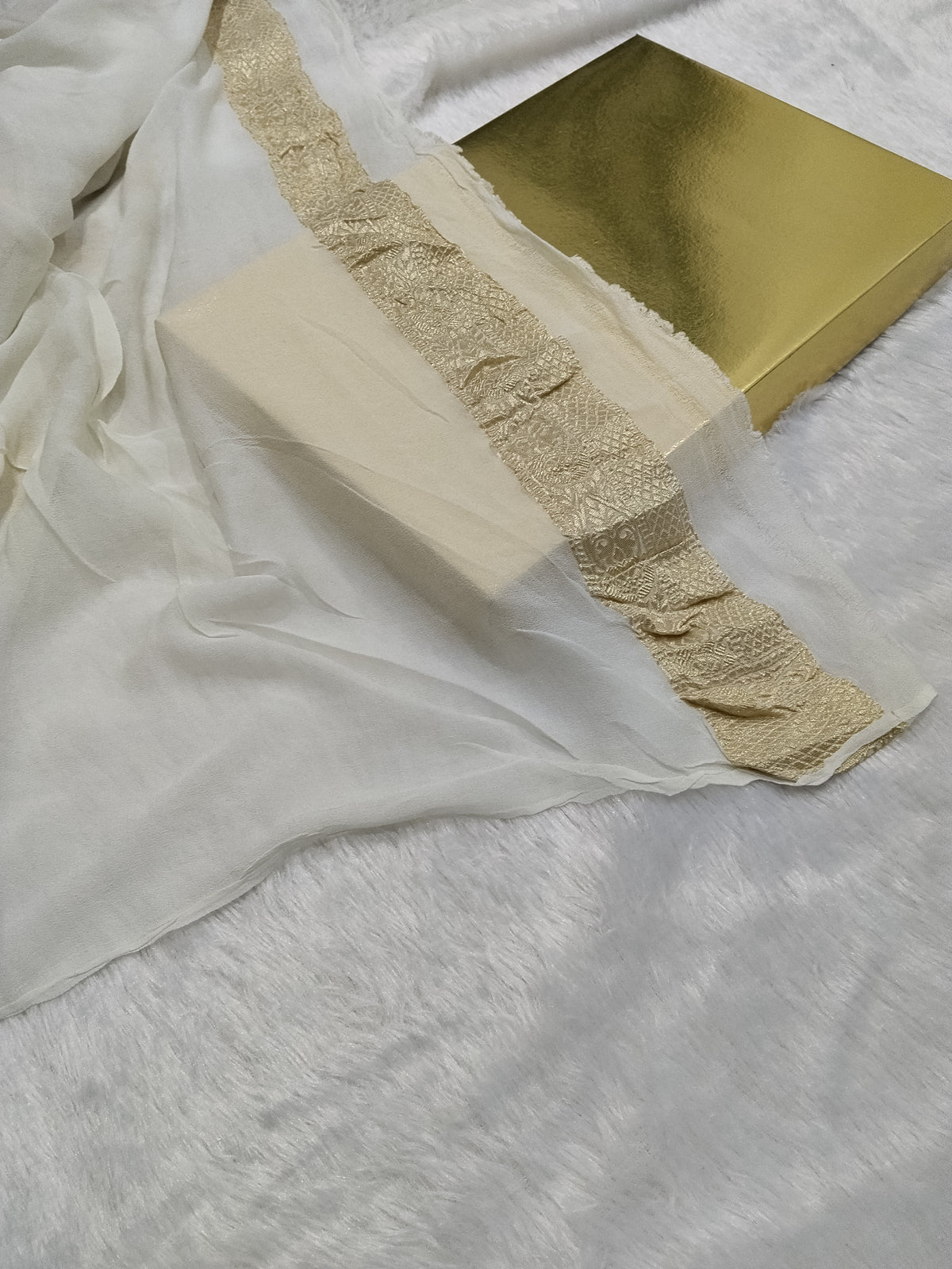 Cream Colour Handloom Pure Banarasi Khaddi Georgette Saree Flower Design Water Zari
