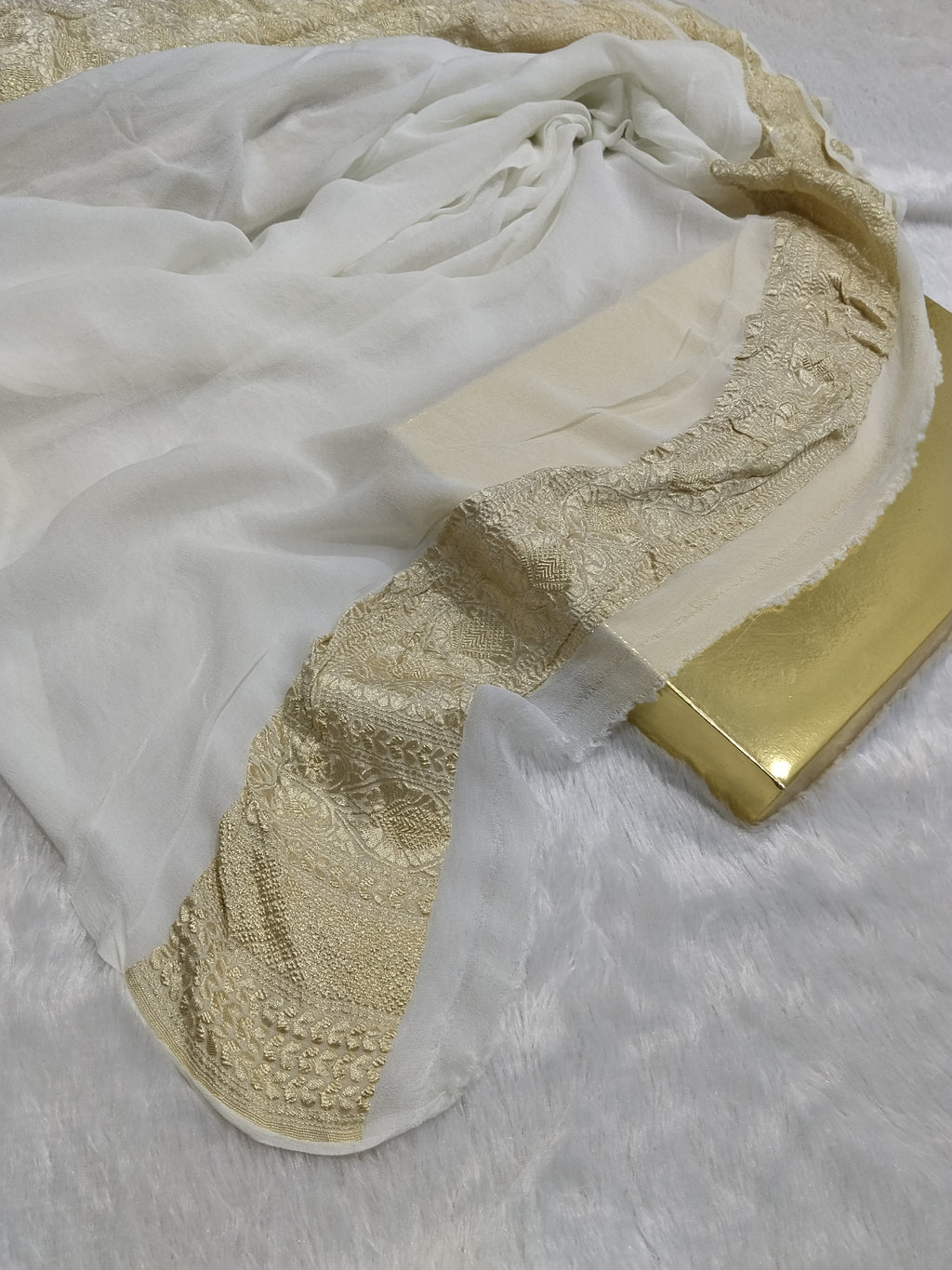 Cream Colour Handloom Pure Banarasi Khaddi Georgette Saree Water Zari