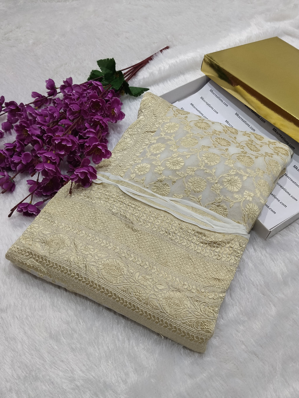 Cream Colour Handloom Pure Banarasi Khaddi Georgette Saree Water Zari