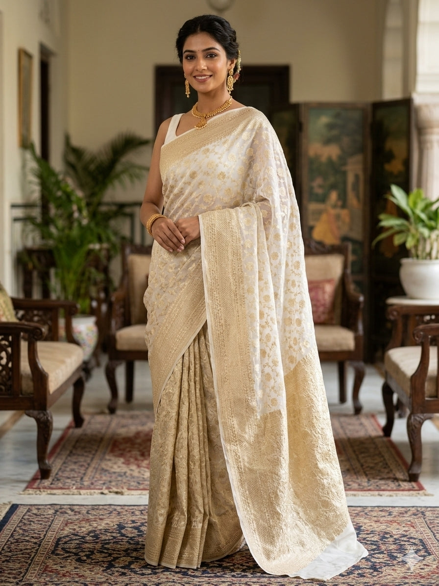 Cream Colour Handloom Pure Banarasi Khaddi Georgette Saree Water Zari