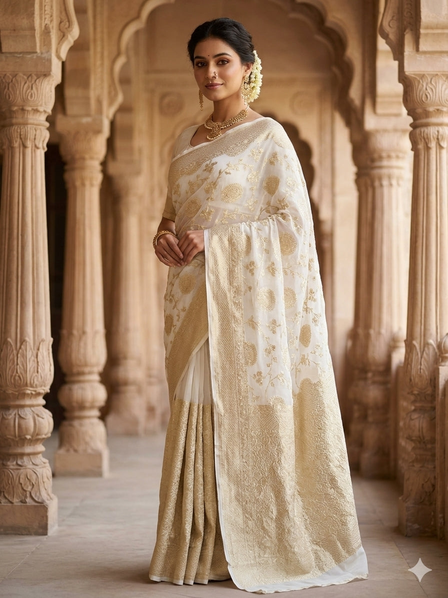Cream Colour Handloom Pure Banarasi Khaddi Georgette Saree Flower Design Water Zari