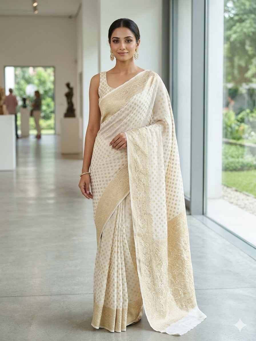 Cream Colour Handloom Pure Banarasi Khaddi Georgette Saree Buti Design Water Zari