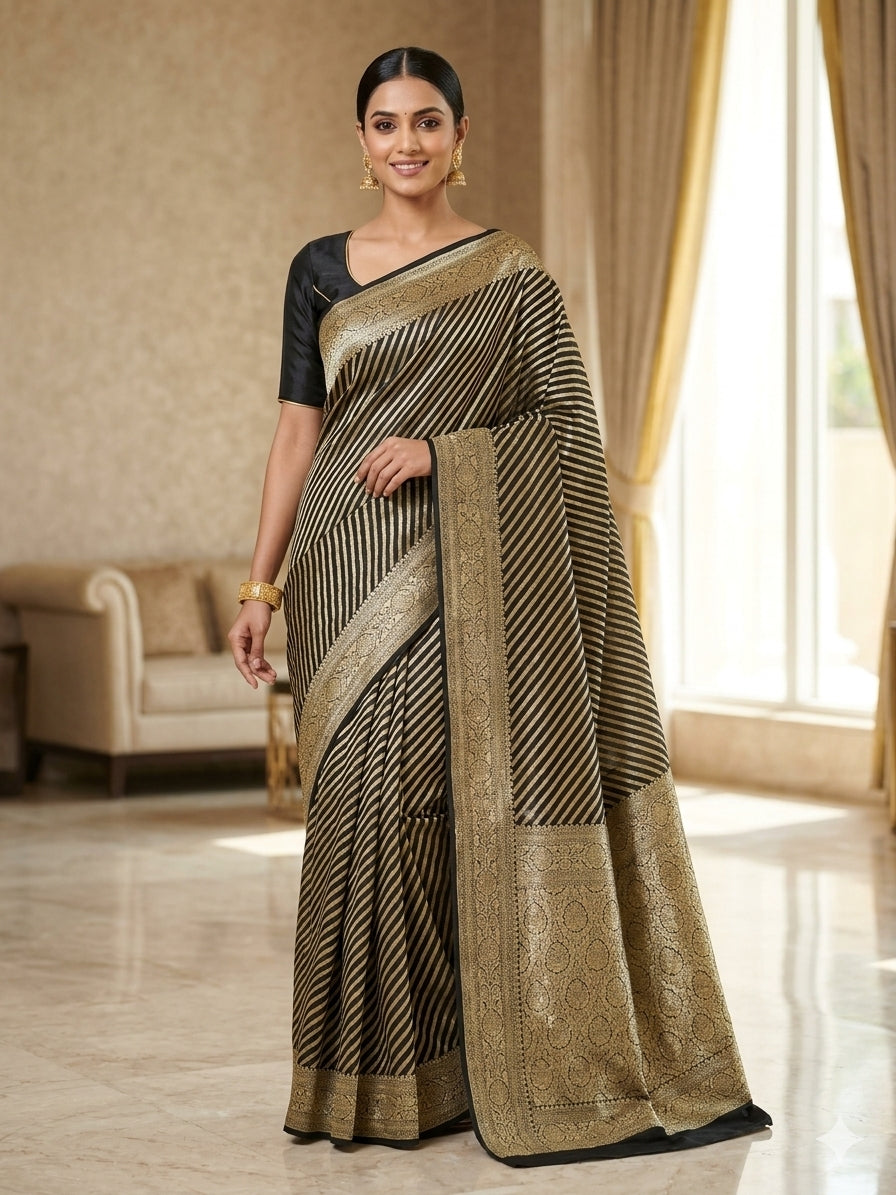 Jet Black Colour Handloom Pure Banarasi Khaddi Georgette Saree Water Zari