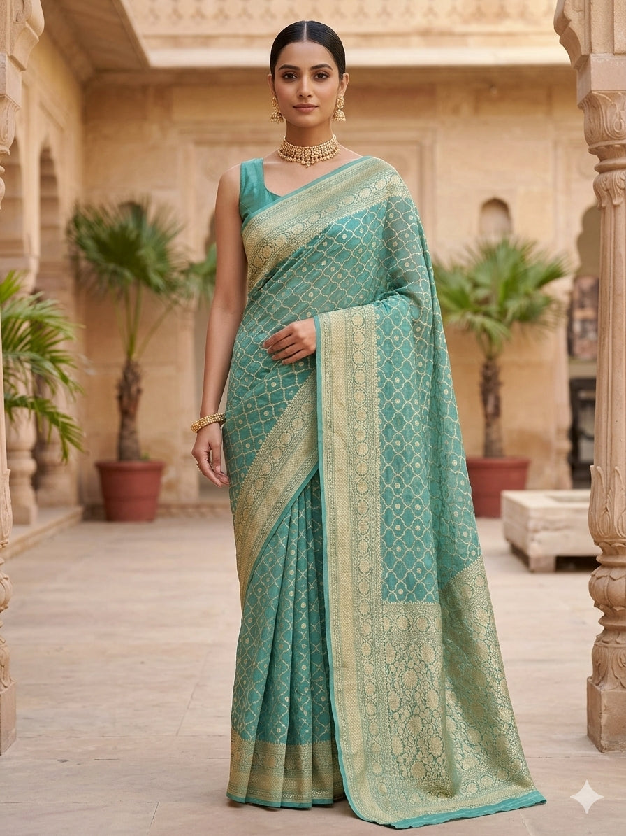 Dark Sea Green Colour Handloom Pure Banarasi Khaddi Georgette Saree Water Zari