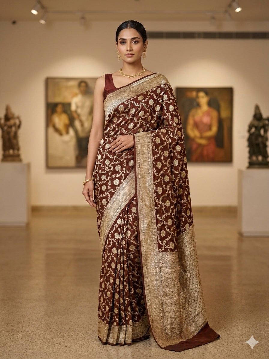 Coffee Brown Colour Handloom Pure Banarasi Khaddi Georgette Saree Water Zari