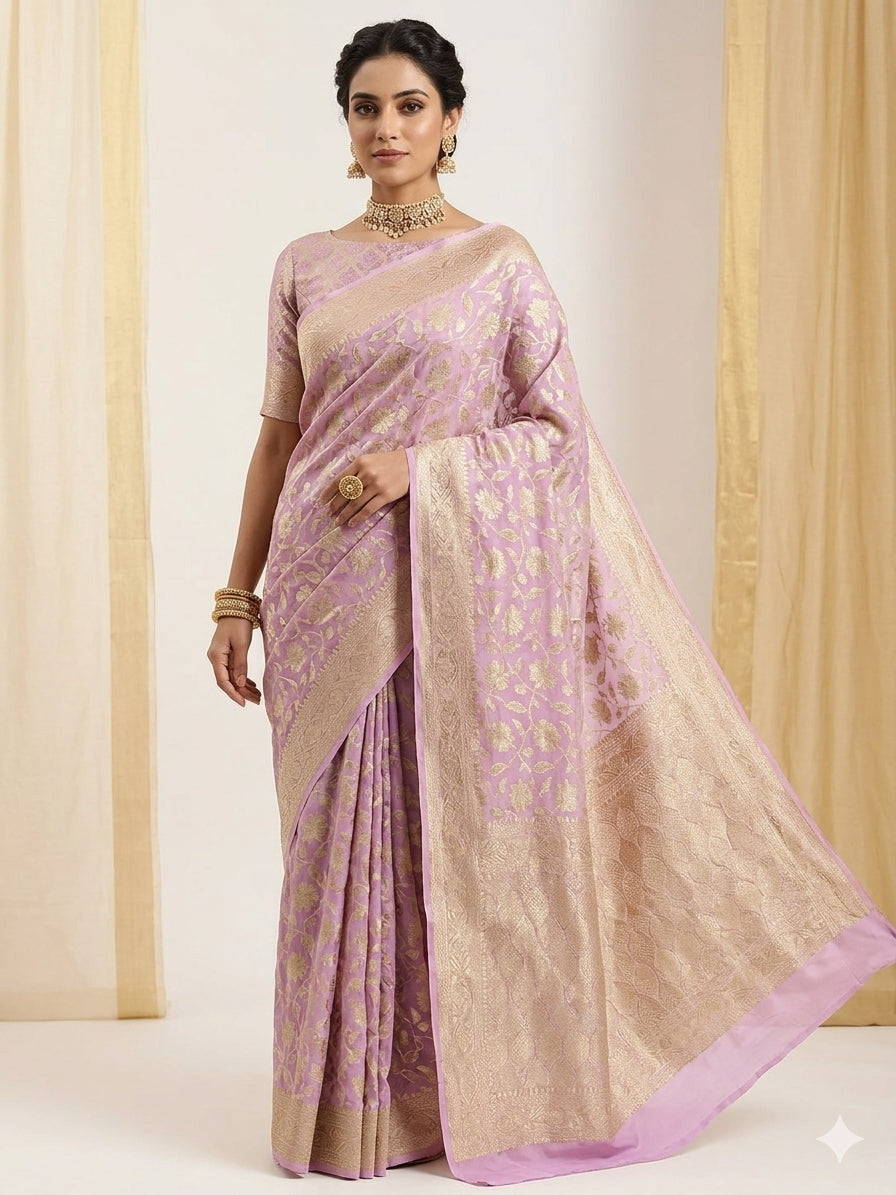 Baby Pink Colour Handloom Pure Banarasi Khaddi Georgette Saree Water Zari