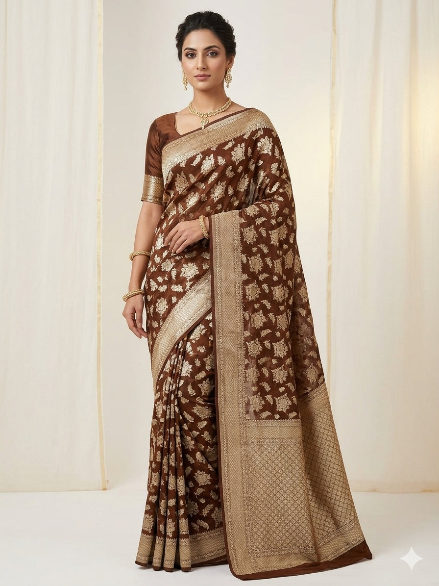 Dark Brown Colour Handloom Pure Banarasi Khaddi Georgette Saree Water Zari