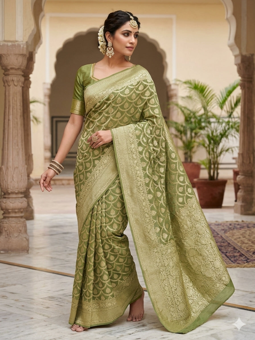 Pista Green Colour Handloom Pure Banarasi Khaddi Georgette Saree Water Zari