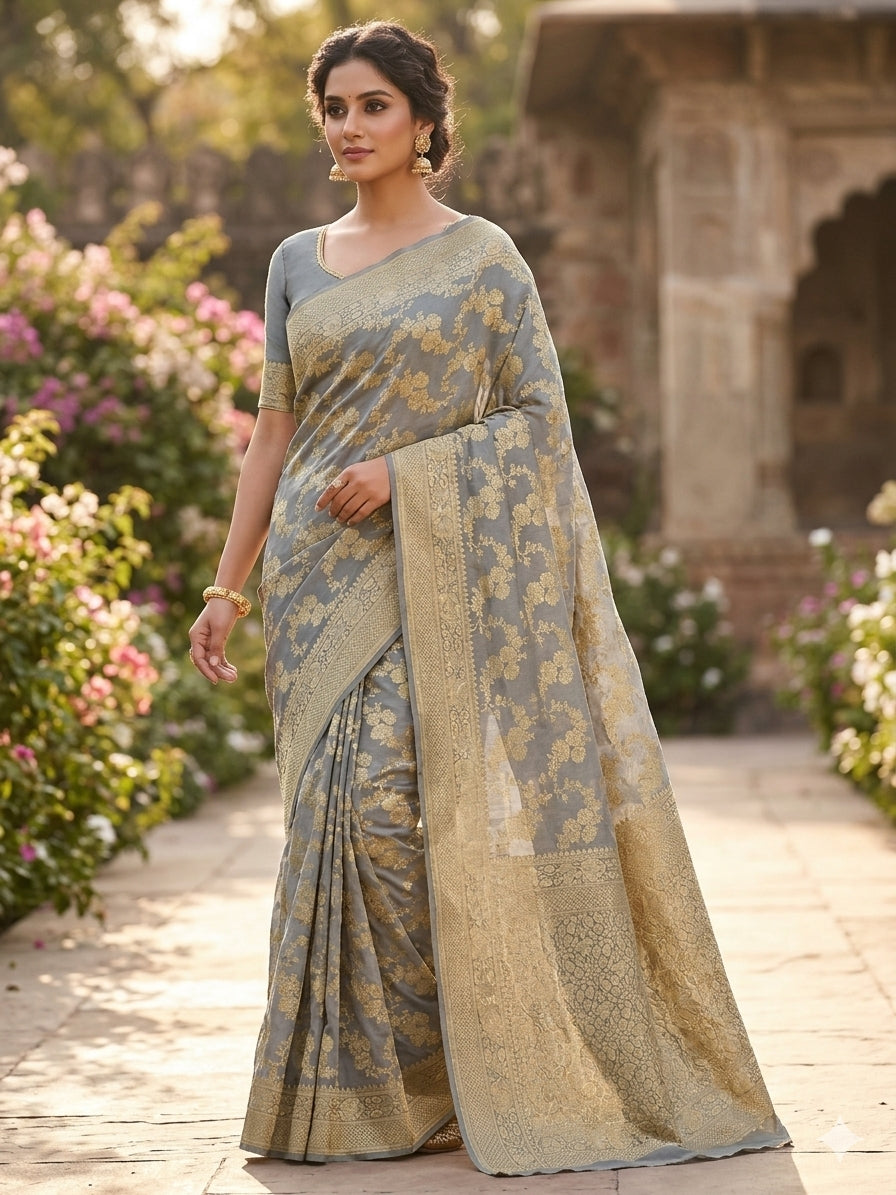 Grey Colour Handloom Pure Banarasi Khaddi Georgette Saree Water Zari