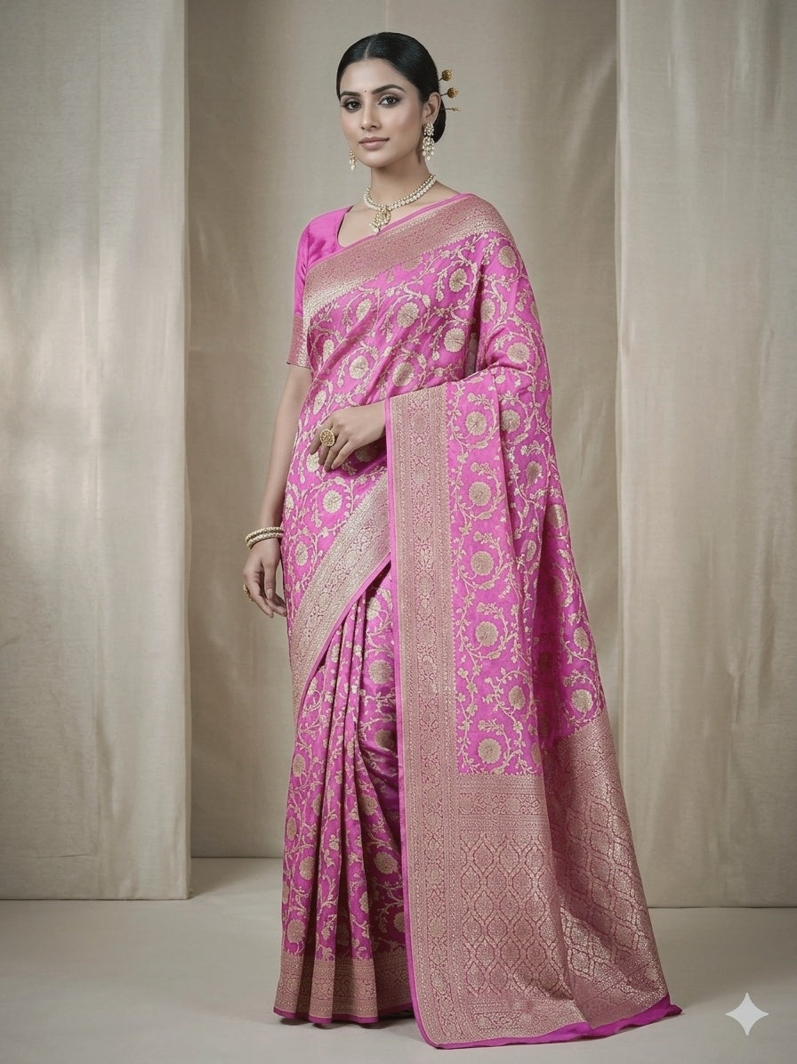 Pink Colour Handloom Pure Banarasi Khaddi Georgette Saree Water Zari