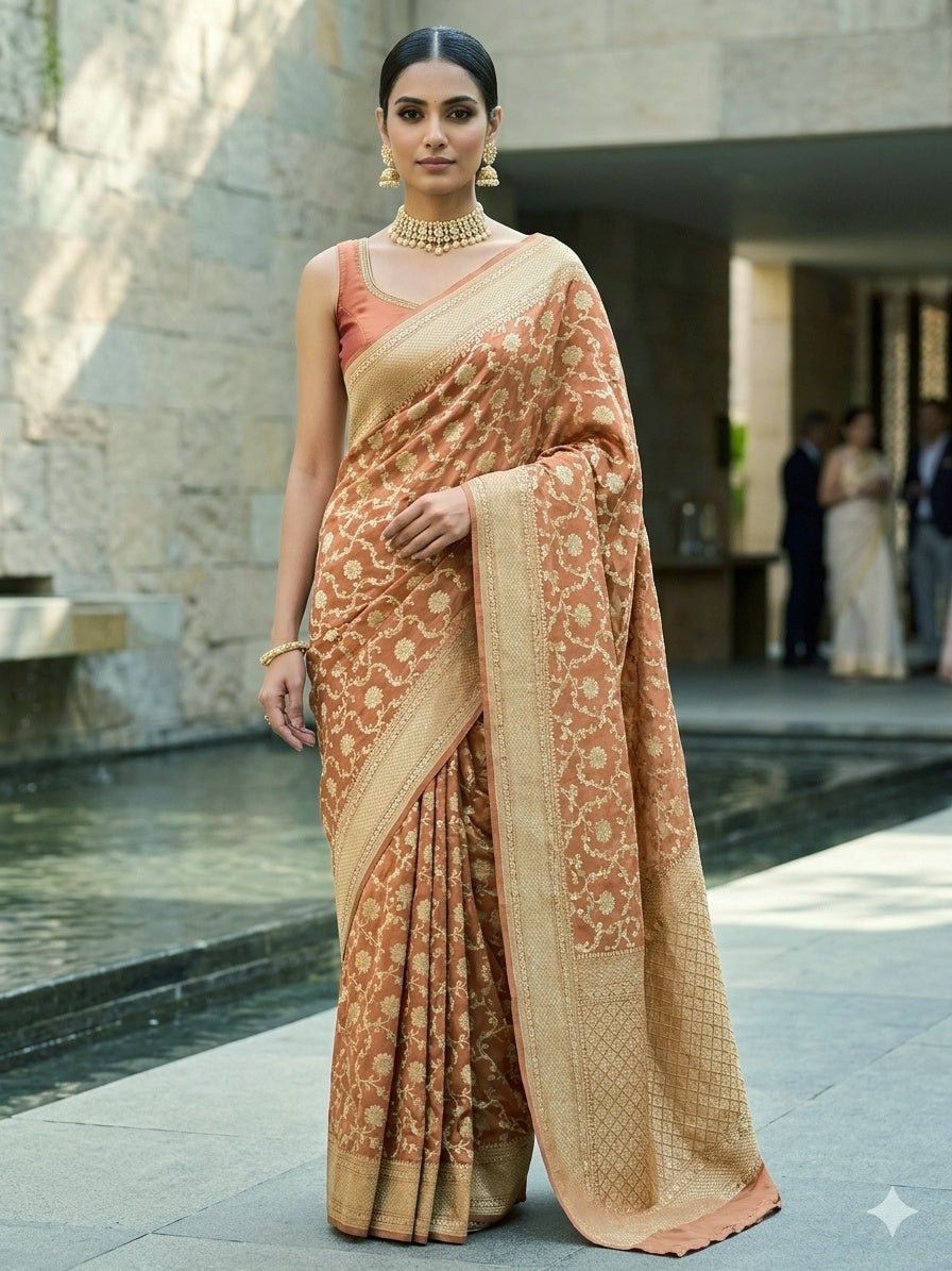 Dark Peach Colour Handloom Pure Banarasi Khaddi Georgette Saree Water Zari