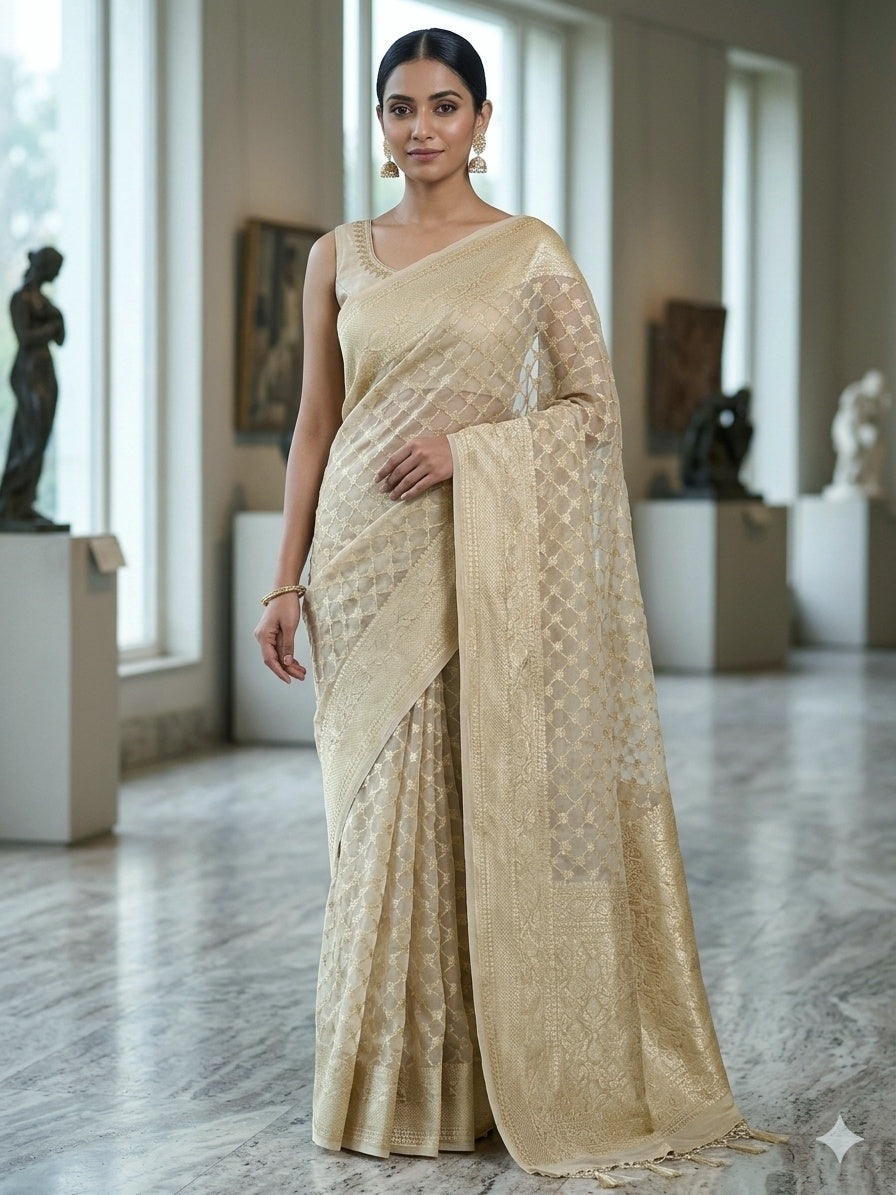 Beige Colour Handloom Pure Banarasi Khaddi Georgette Saree Water Zari