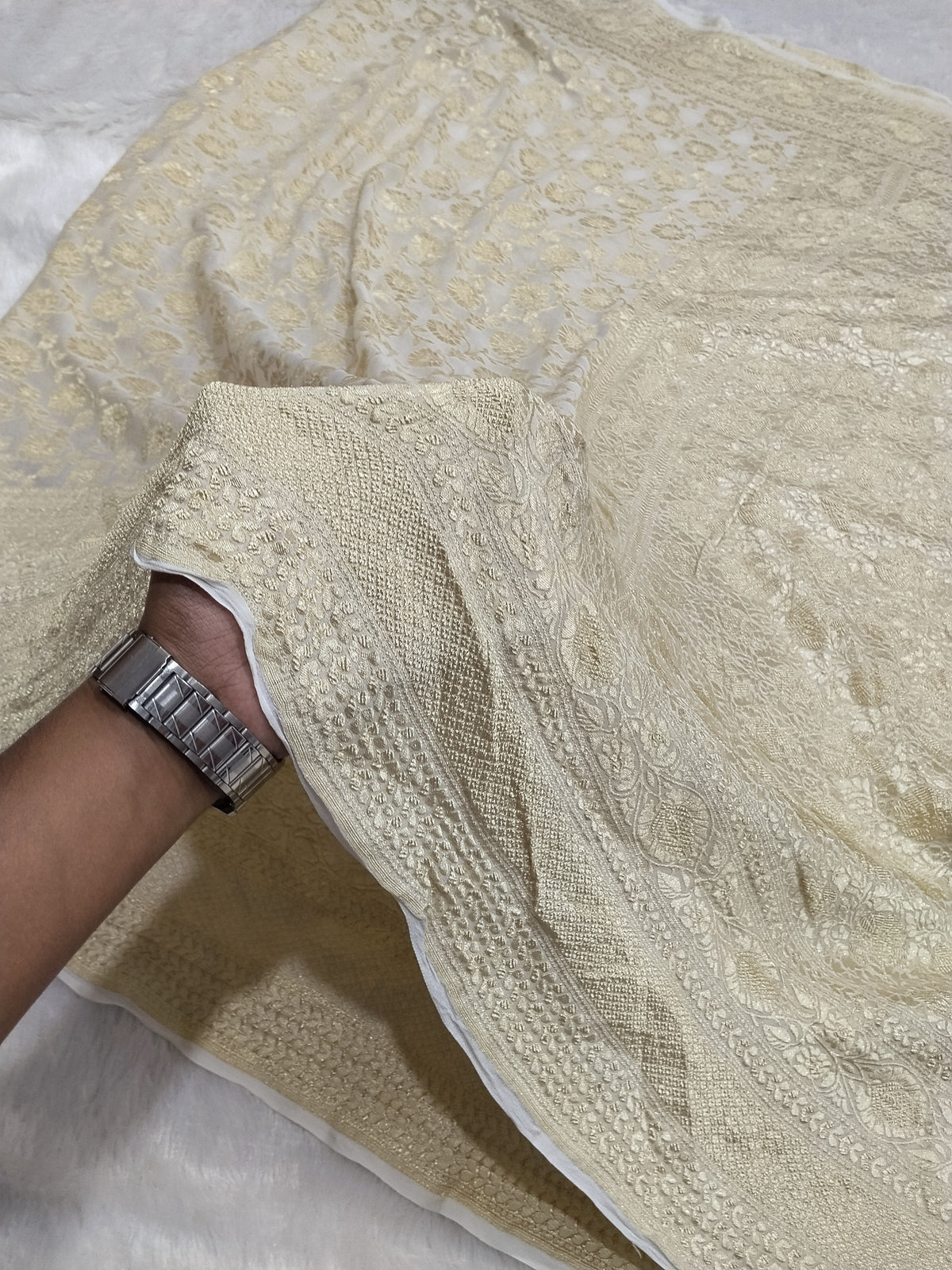 Cream Colour Handloom Pure Banarasi Khaddi Georgette Saree Water Zari