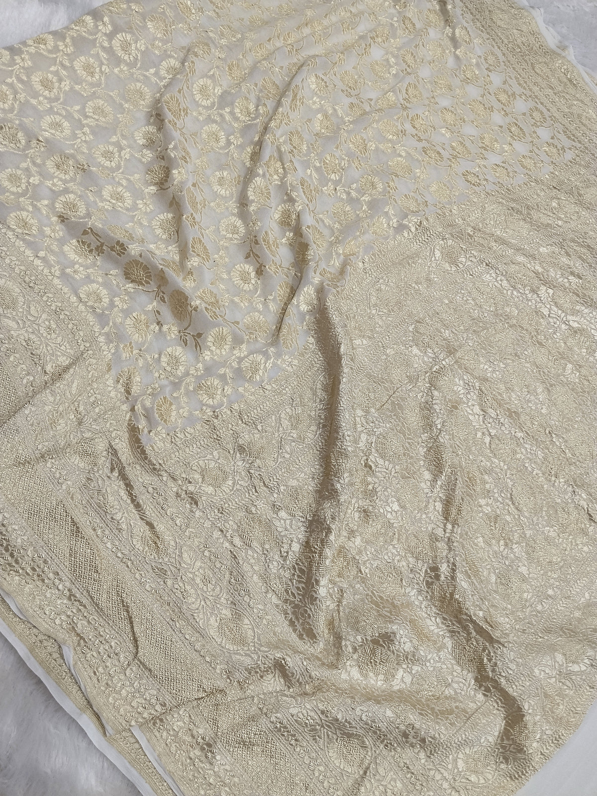 Cream Colour Handloom Pure Banarasi Khaddi Georgette Saree Water Zari