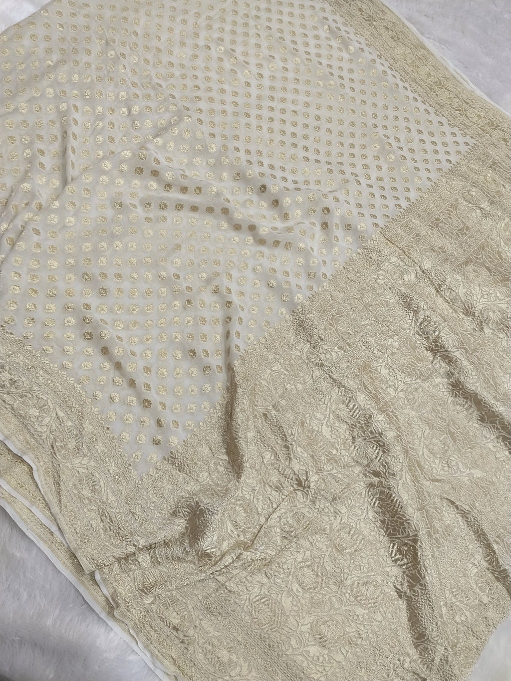 Cream Colour Handloom Pure Banarasi Khaddi Georgette Saree Buti Design Water Zari