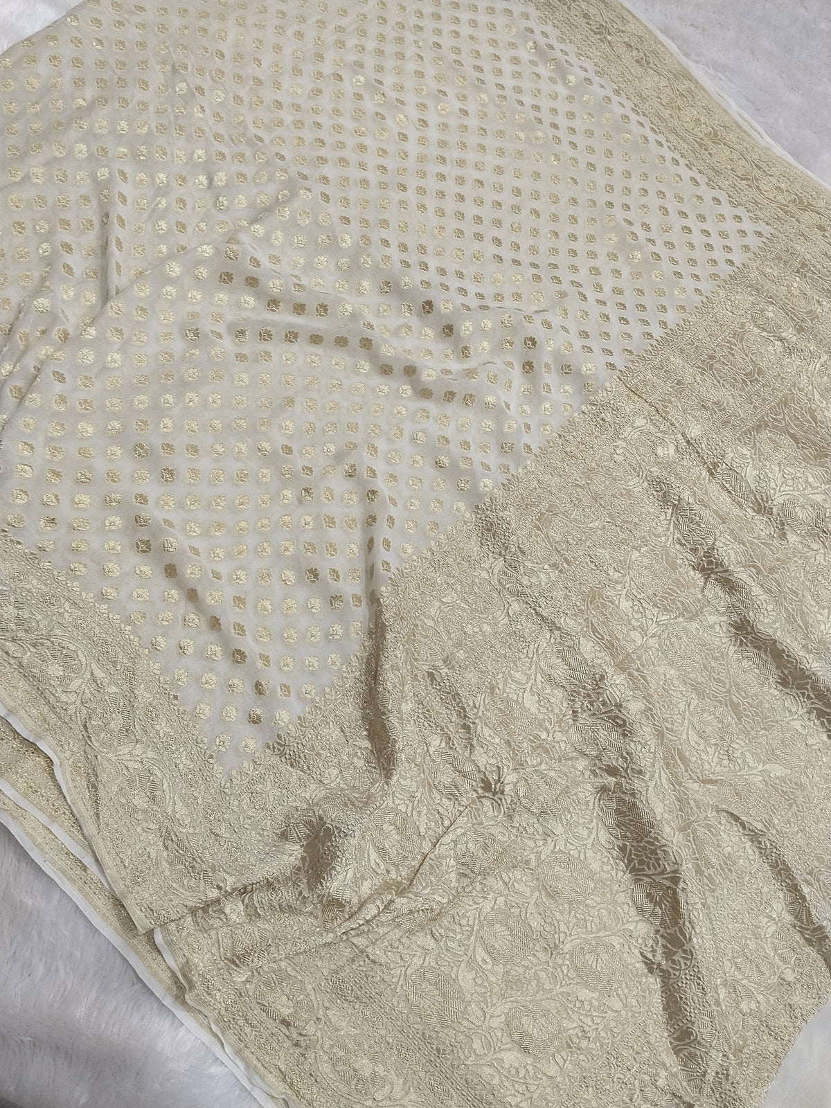 Cream Colour Handloom Pure Banarasi Khaddi Georgette Saree Buti Design Water Zari