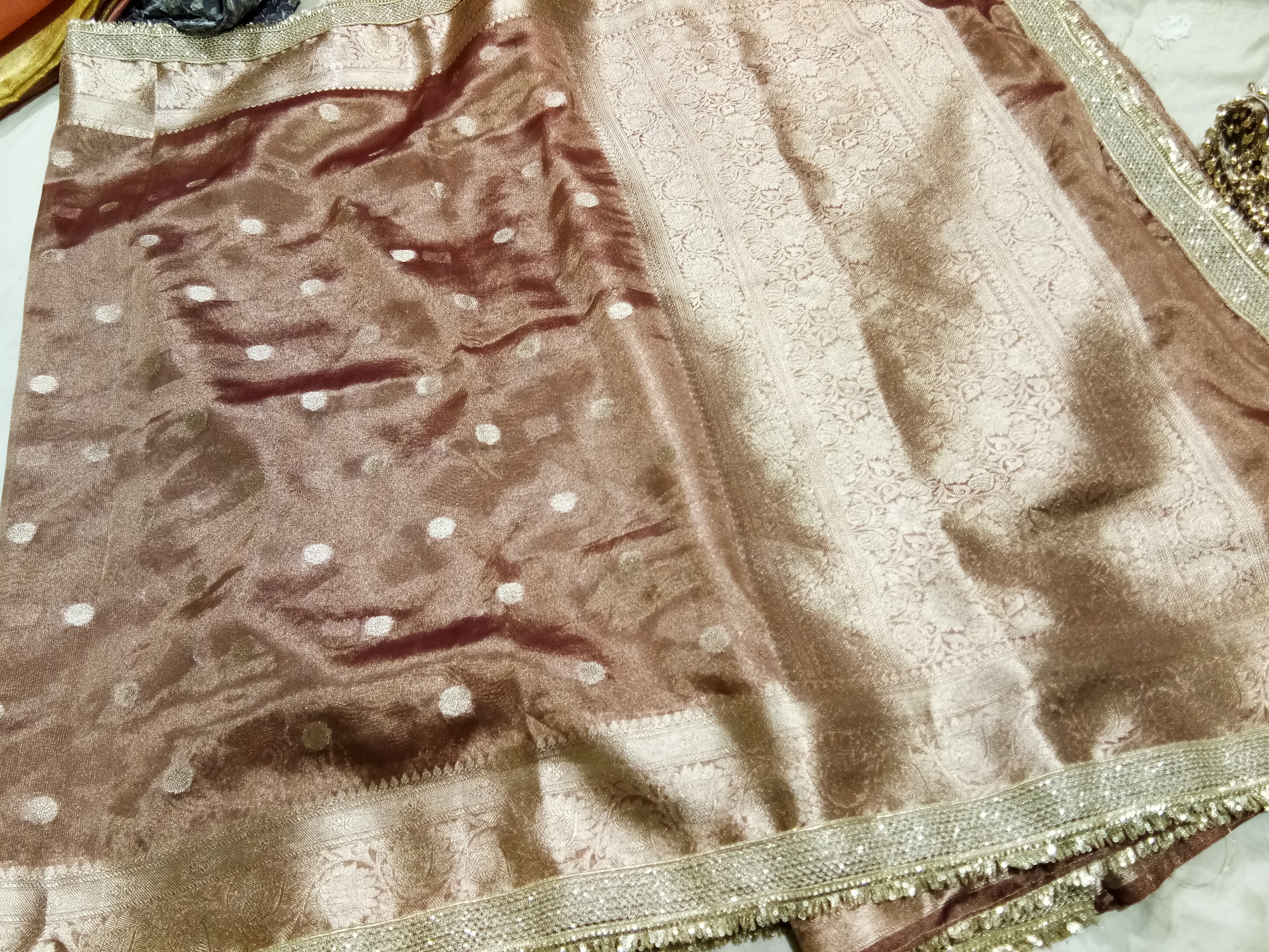 Light Brown Colour Tissue Saree With Gota Patti Work