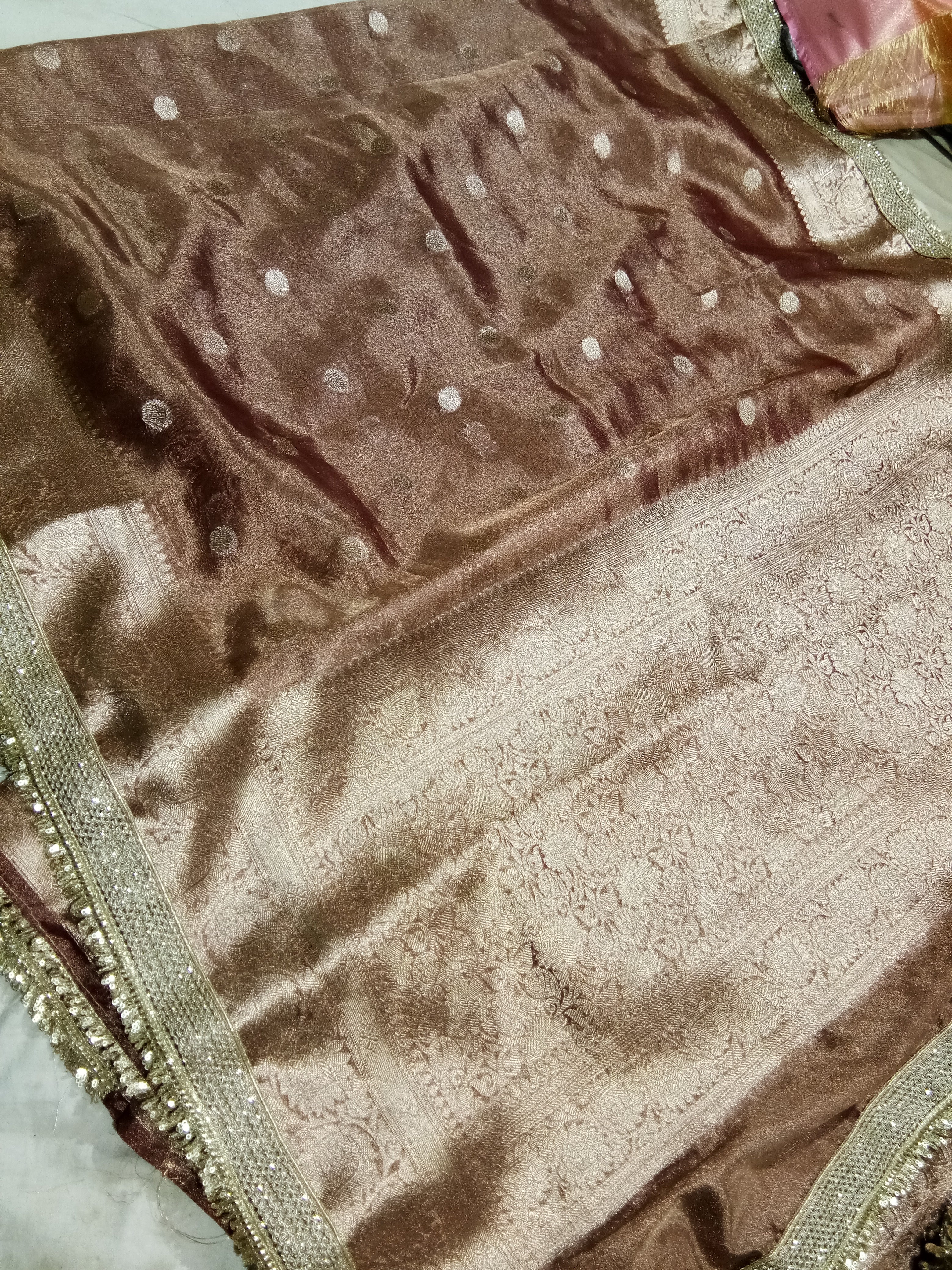 Light Brown Colour Tissue Saree With Gota Patti Work