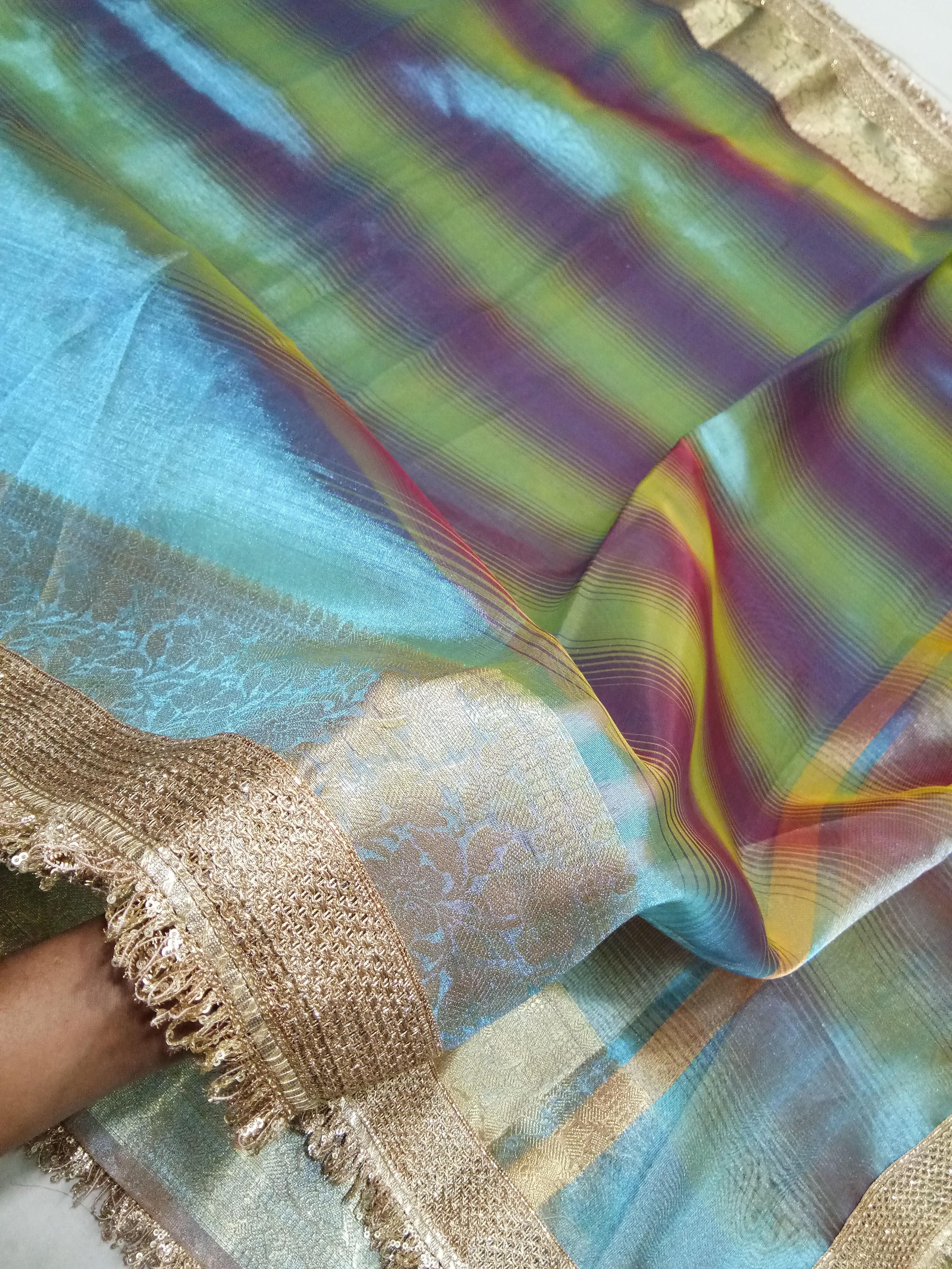 Shaded Colour Tissue Saree With Gota Patti Work