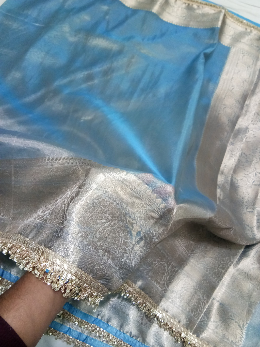 Blue Colour Tissue Plain Body Saree With Gota Patti Work