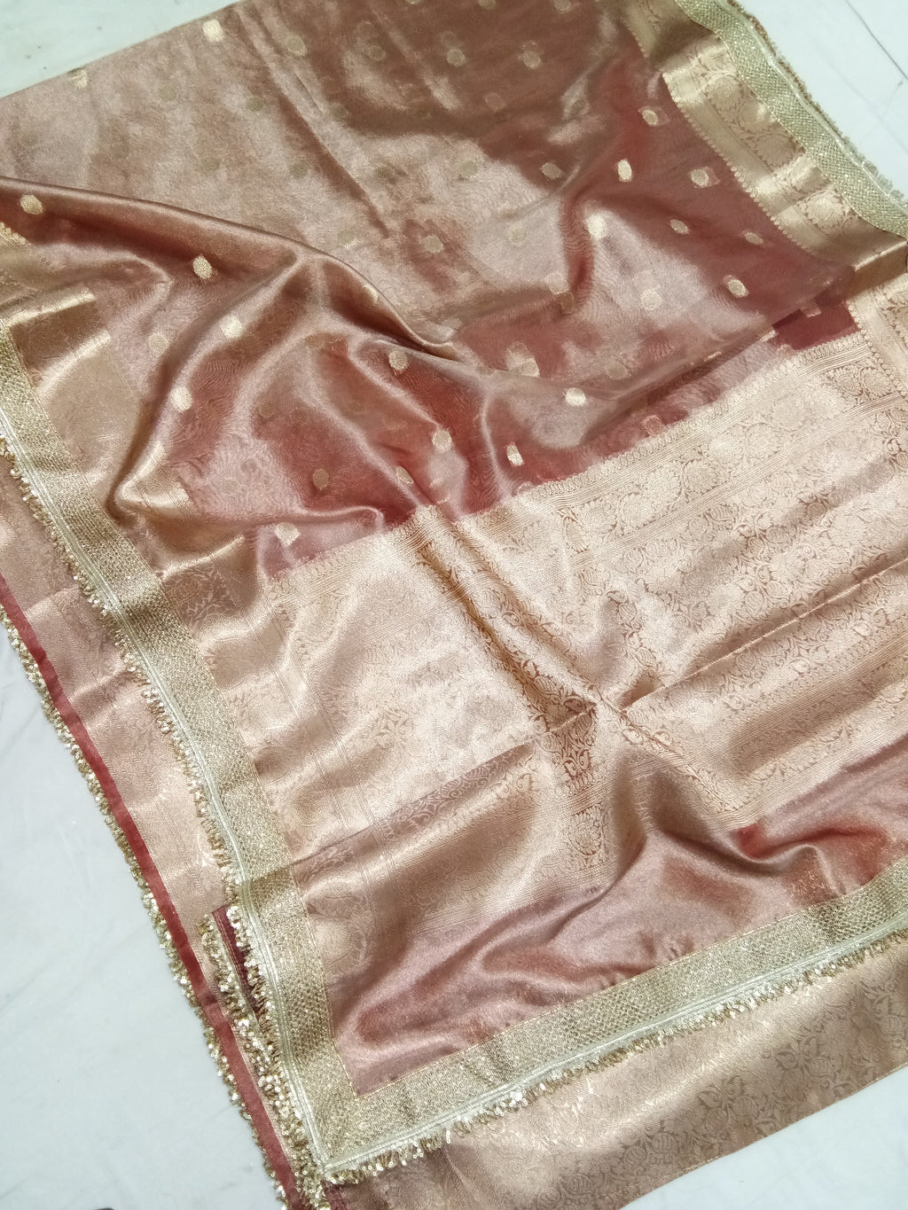 Light Brown Colour Tissue Saree With Gota Patti Work