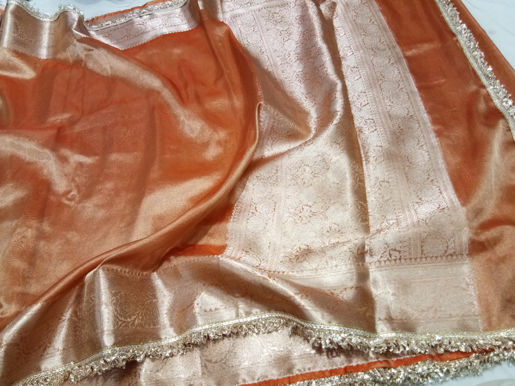 Orange Colour Tissue Plain Body Saree With Gota Patti Work