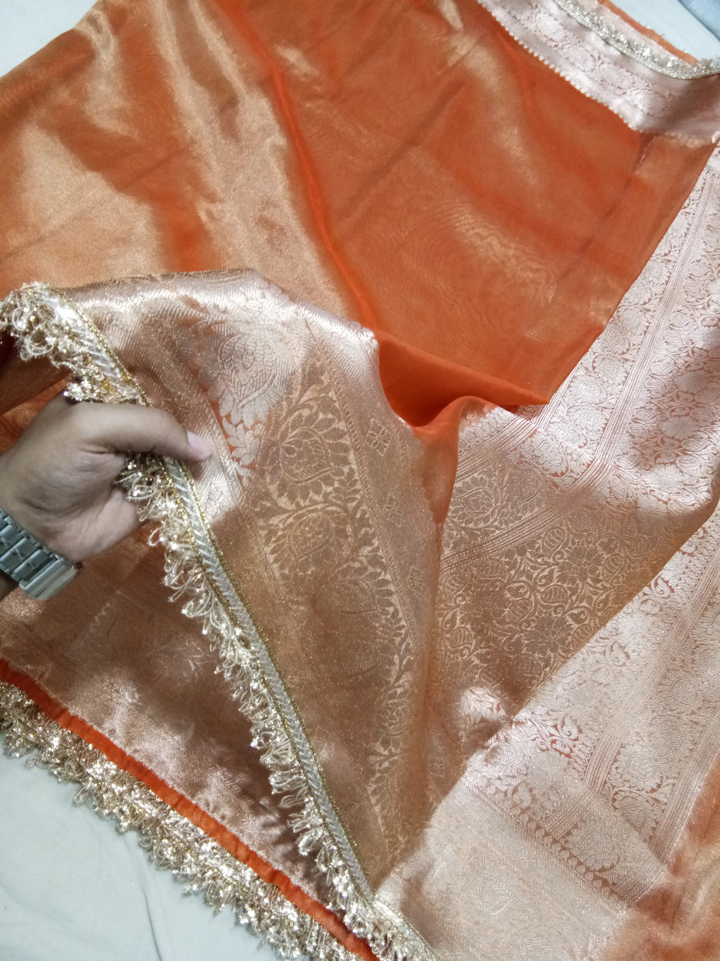 Orange Colour Tissue Plain Body Saree With Gota Patti Work