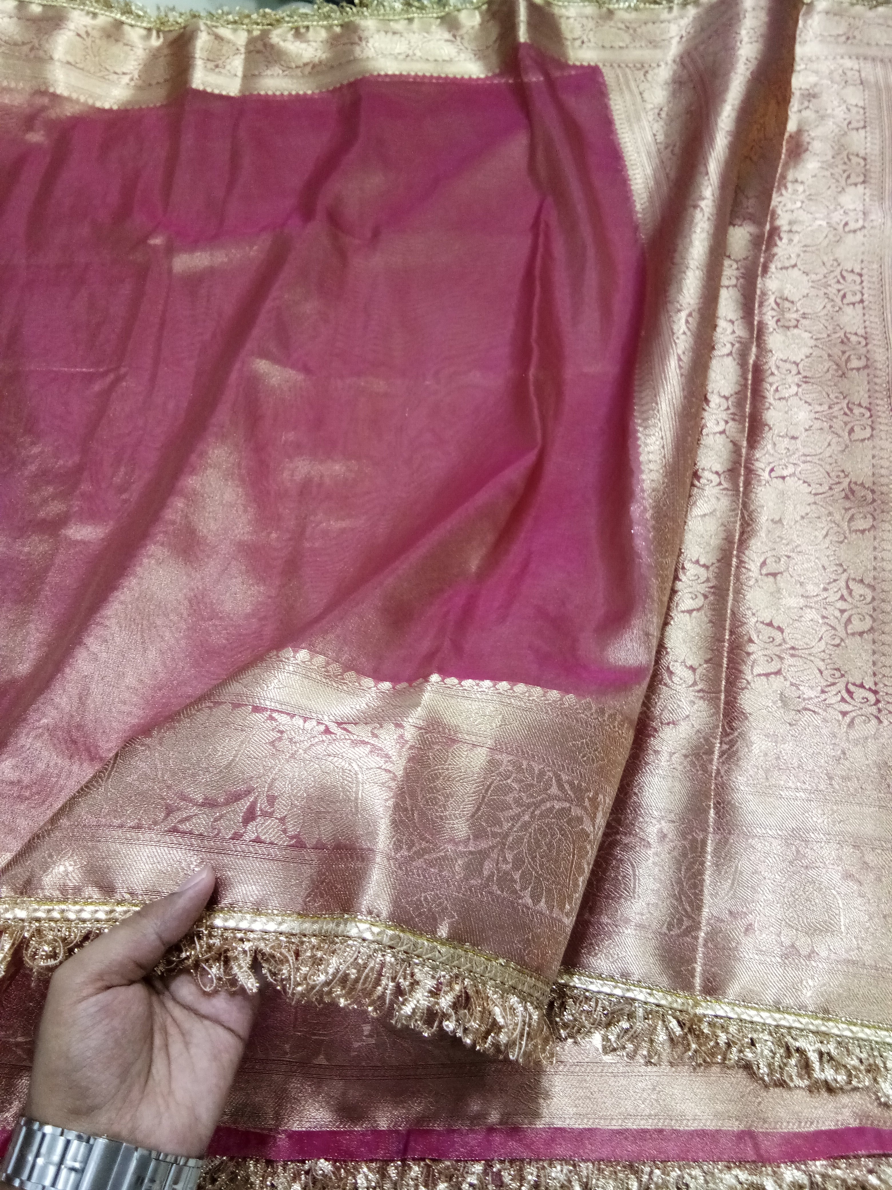 Pink Colour Tissue Plain Body Saree With Gota Patti Work