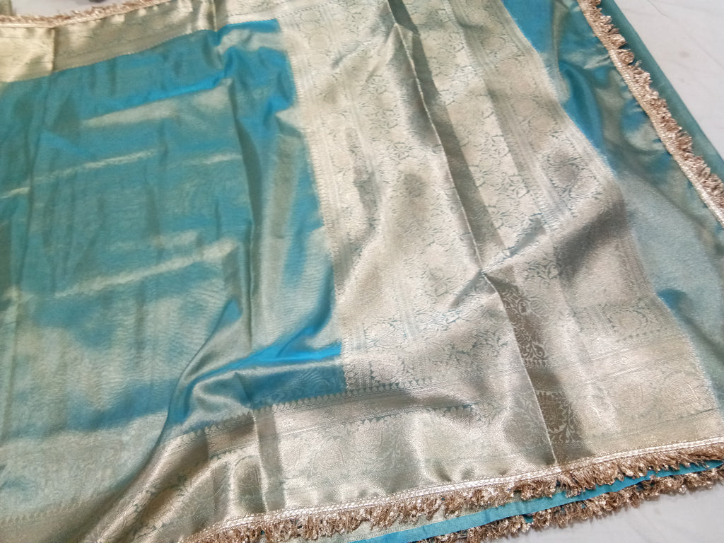 Firozi Colour Tissue Plain Body Saree With Gota Patti Work