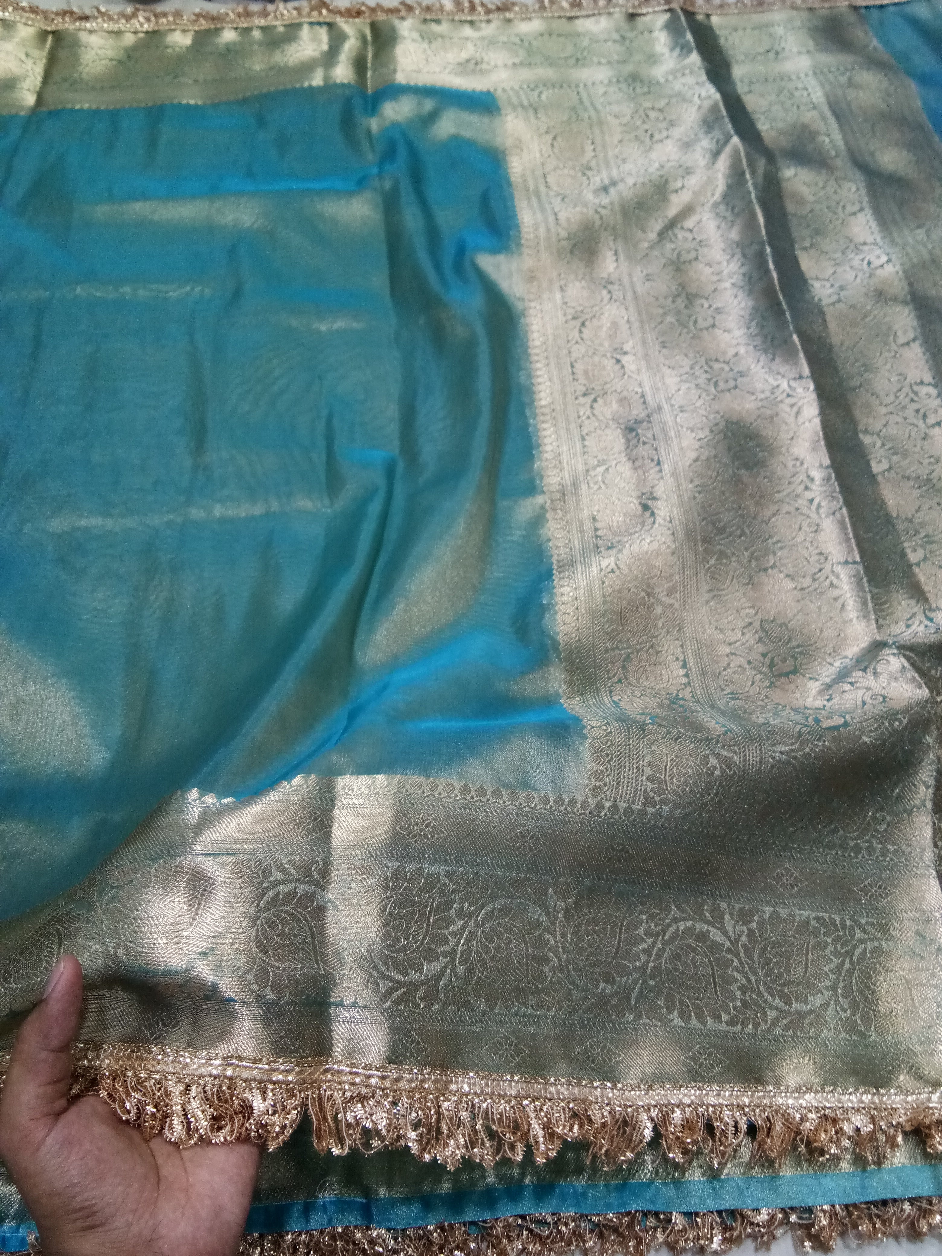 Firozi Colour Tissue Plain Body Saree With Gota Patti Work