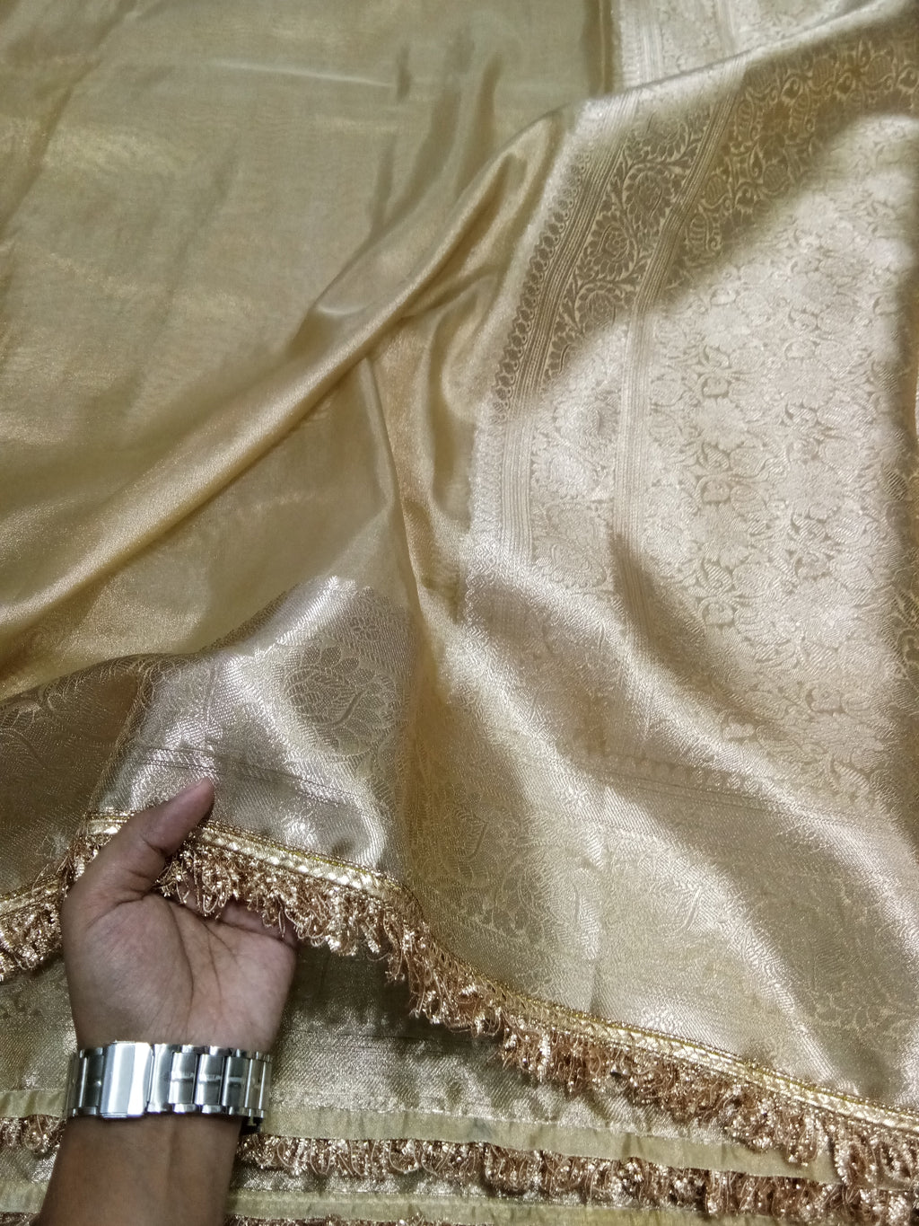Beige Colour Tissue Plain Body Saree With Gota Patti Work