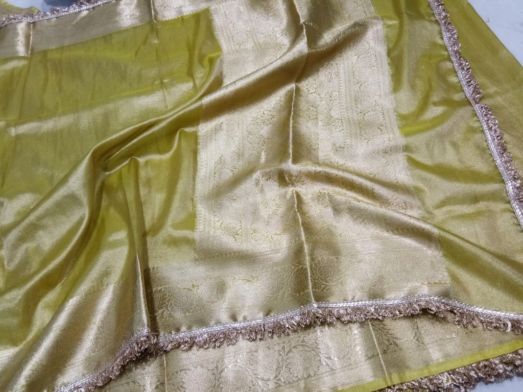 Lemon Colour Tissue Plain Body Saree With Gota Patti Work