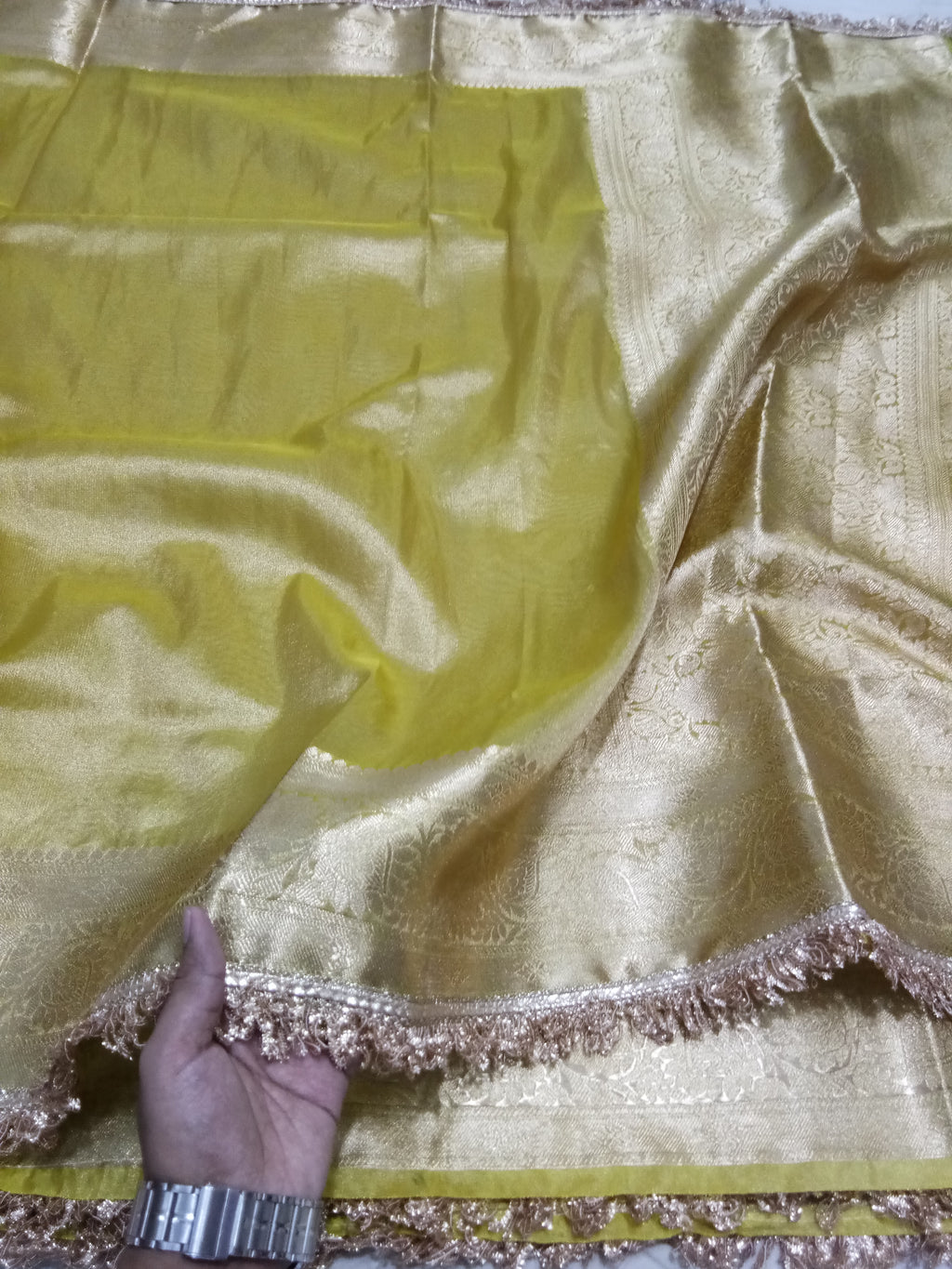 Lemon Colour Tissue Plain Body Saree With Gota Patti Work