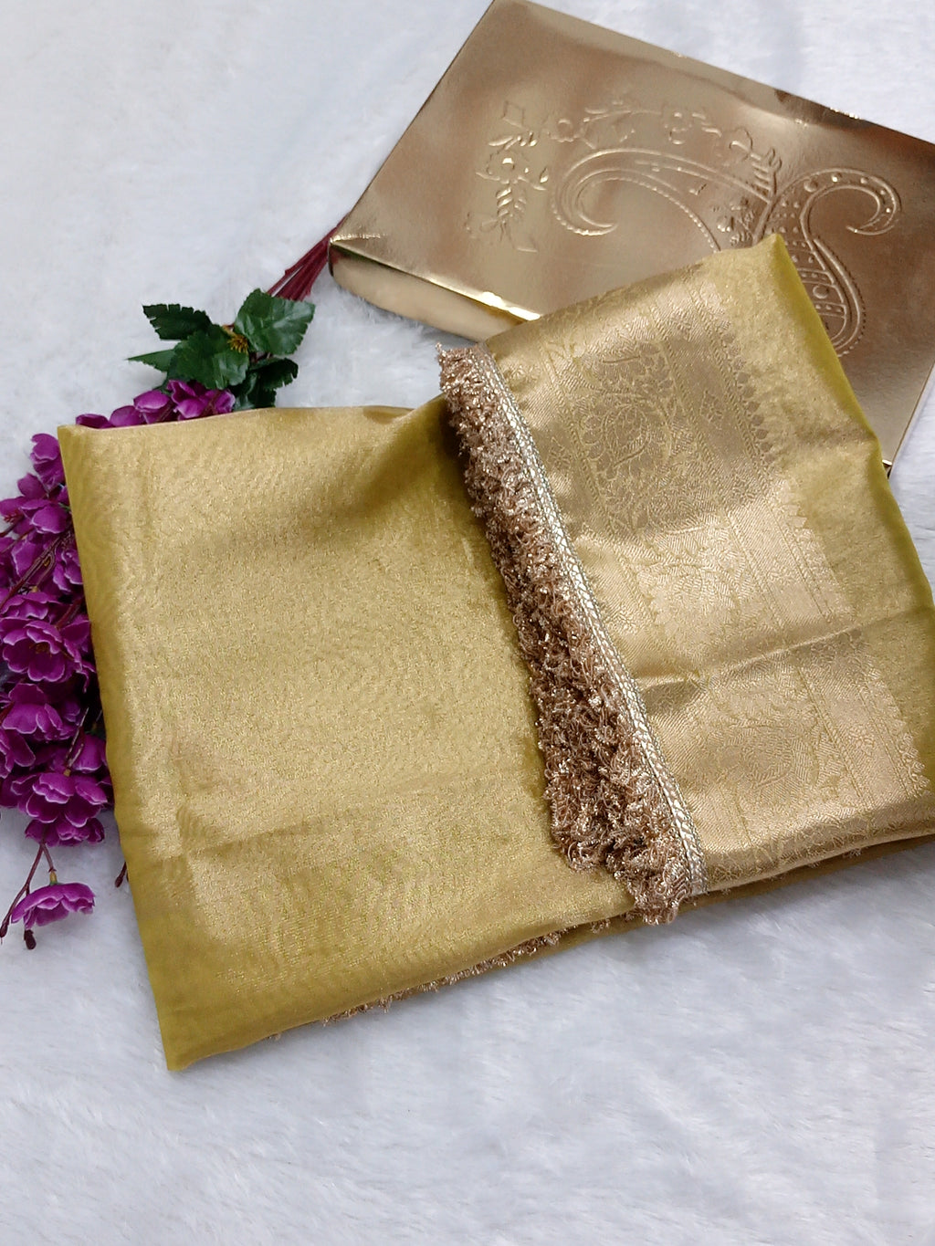 Lemon Colour Tissue Plain Body Saree With Gota Patti Work