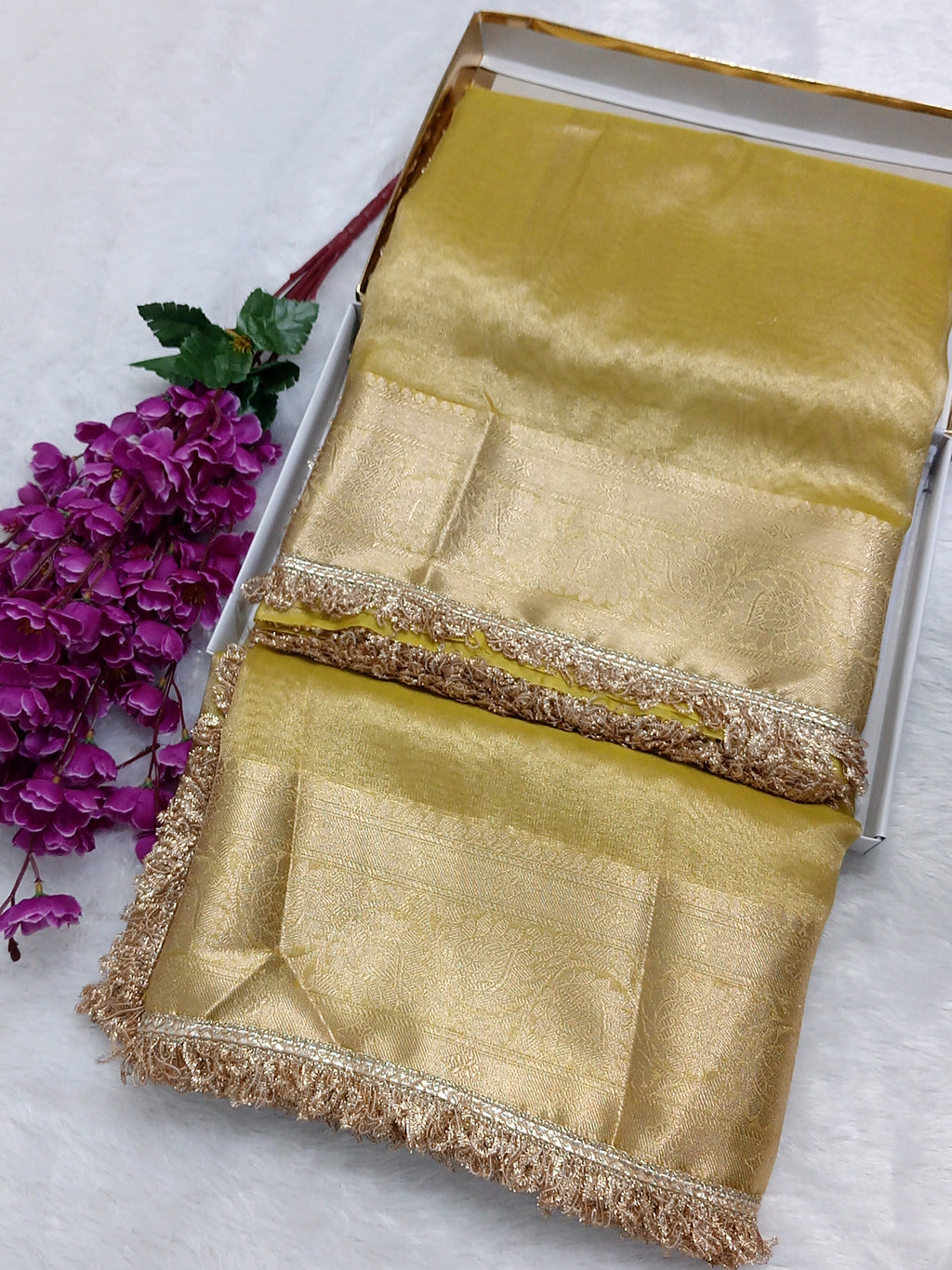 Lemon Colour Tissue Plain Body Saree With Gota Patti Work