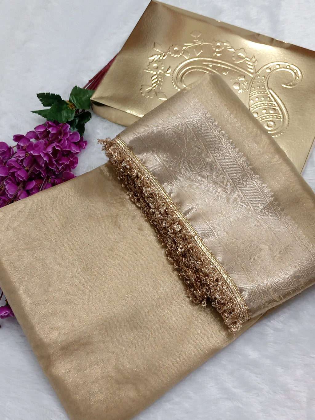 Beige Colour Tissue Plain Body Saree With Gota Patti Work