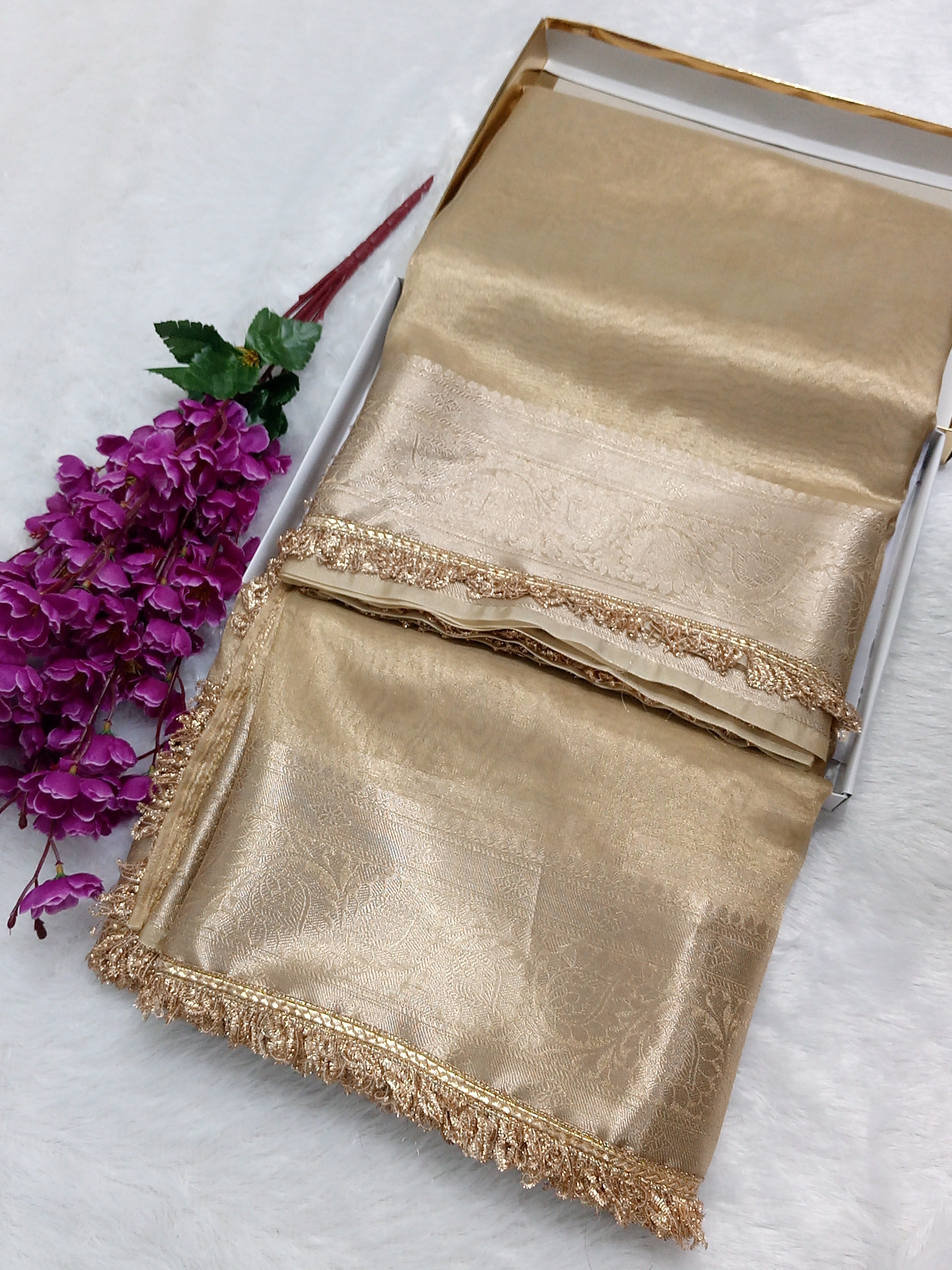 Beige Colour Tissue Plain Body Saree With Gota Patti Work