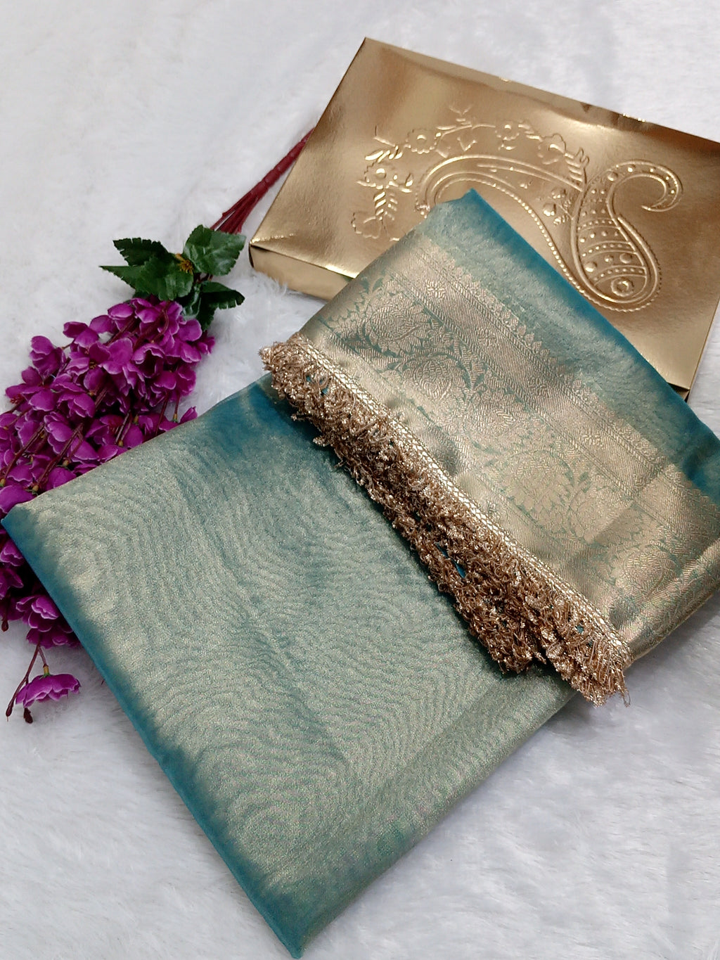 Firozi Colour Tissue Plain Body Saree With Gota Patti Work