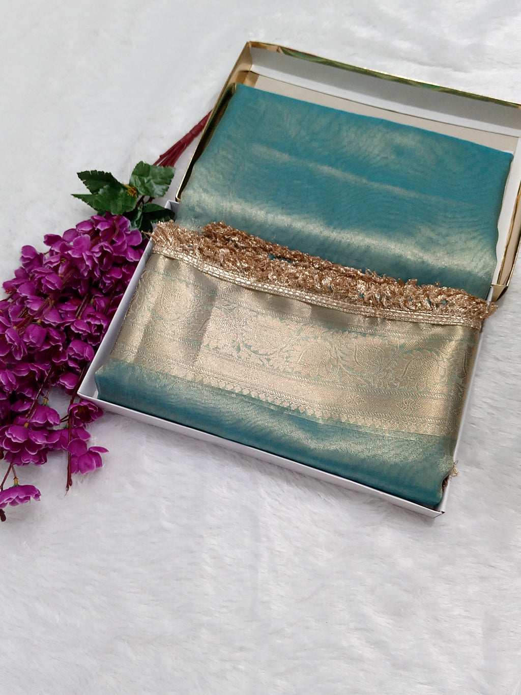 Firozi Colour Tissue Plain Body Saree With Gota Patti Work