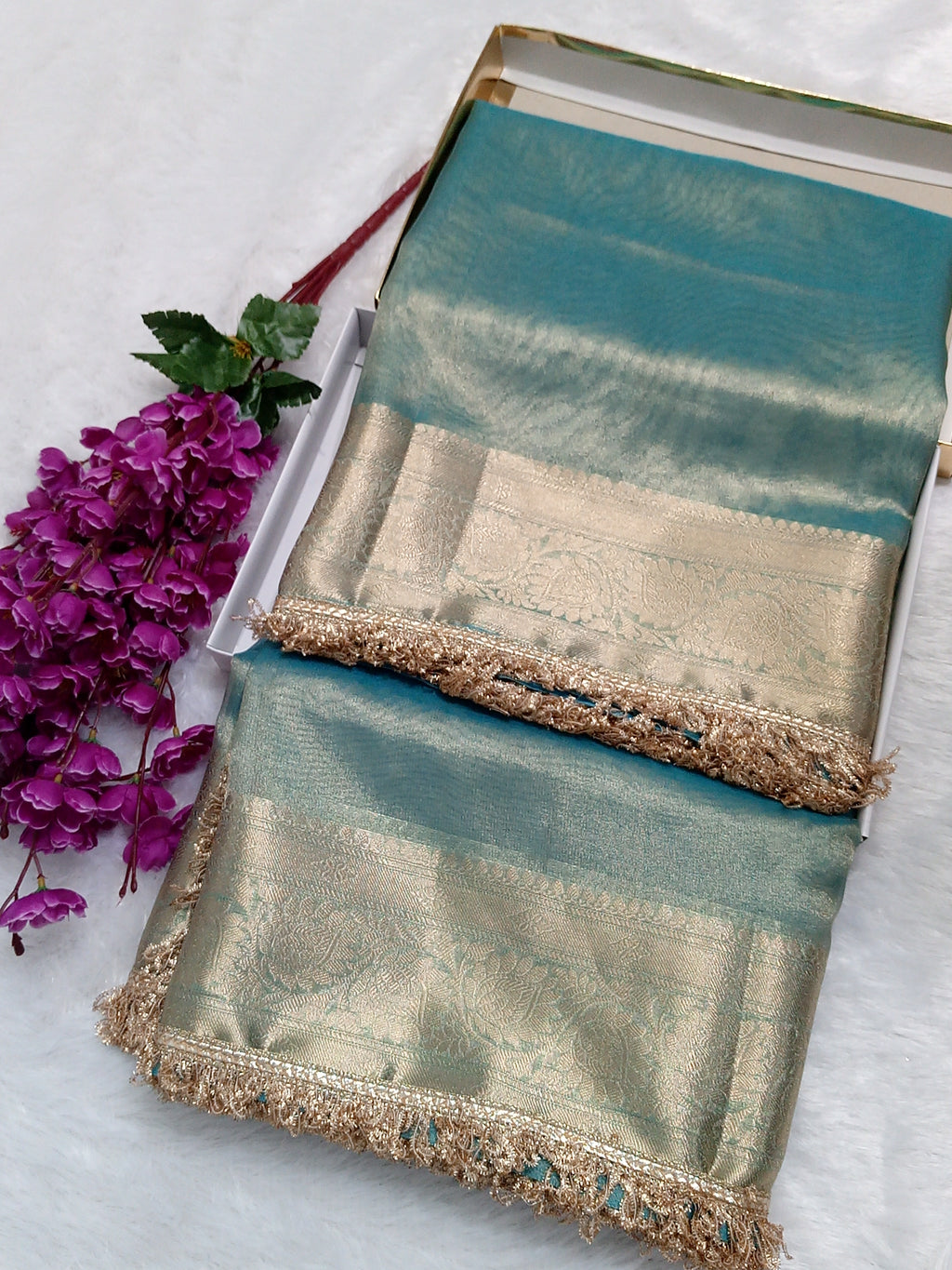 Firozi Colour Tissue Plain Body Saree With Gota Patti Work