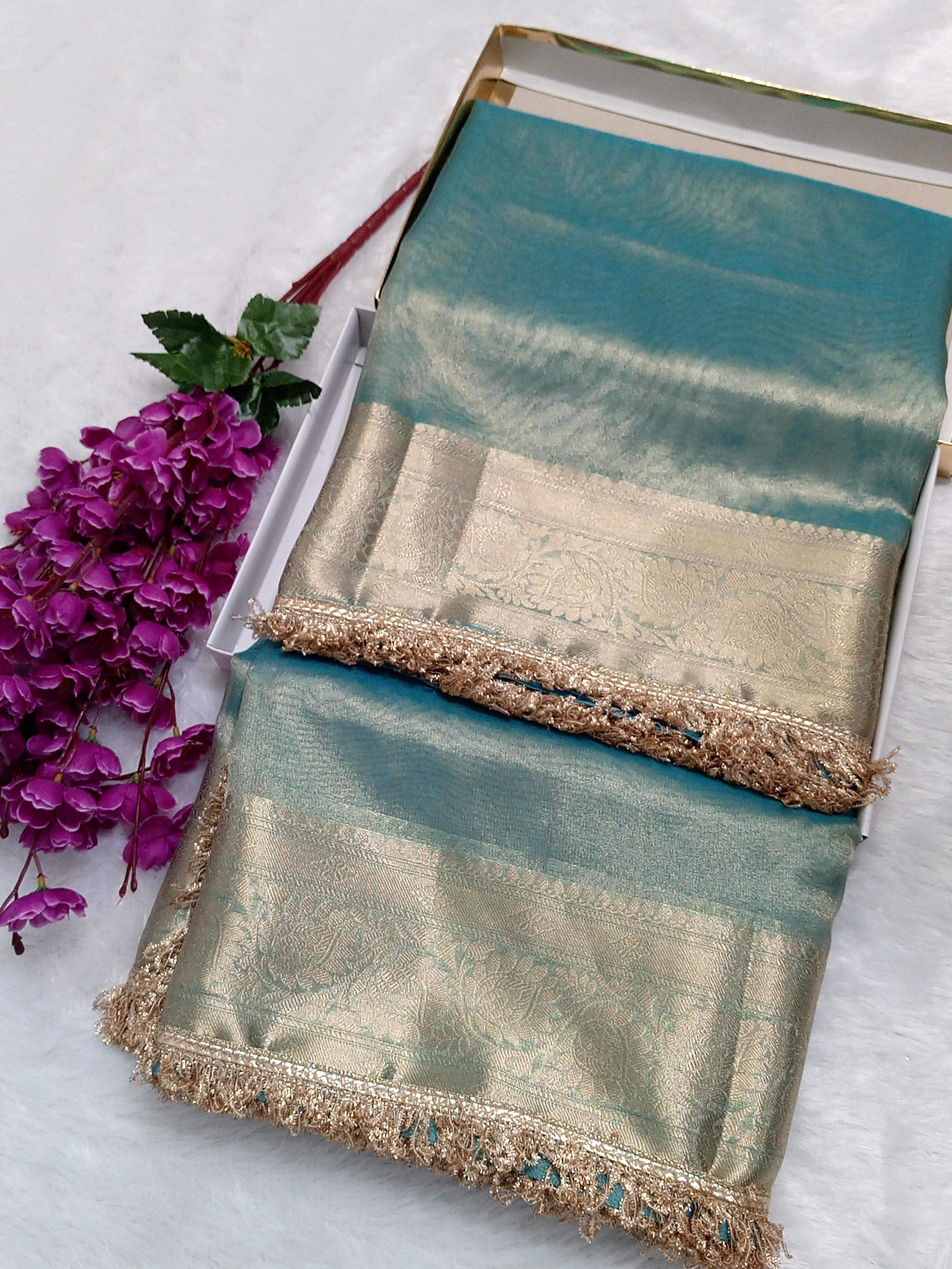 Firozi Colour Tissue Plain Body Saree With Gota Patti Work