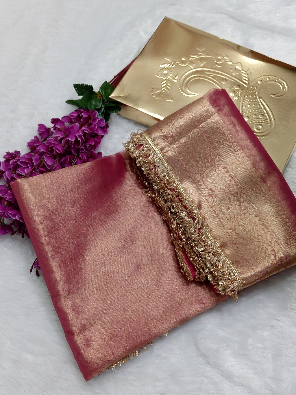 Pink Colour Tissue Plain Body Saree With Gota Patti Work