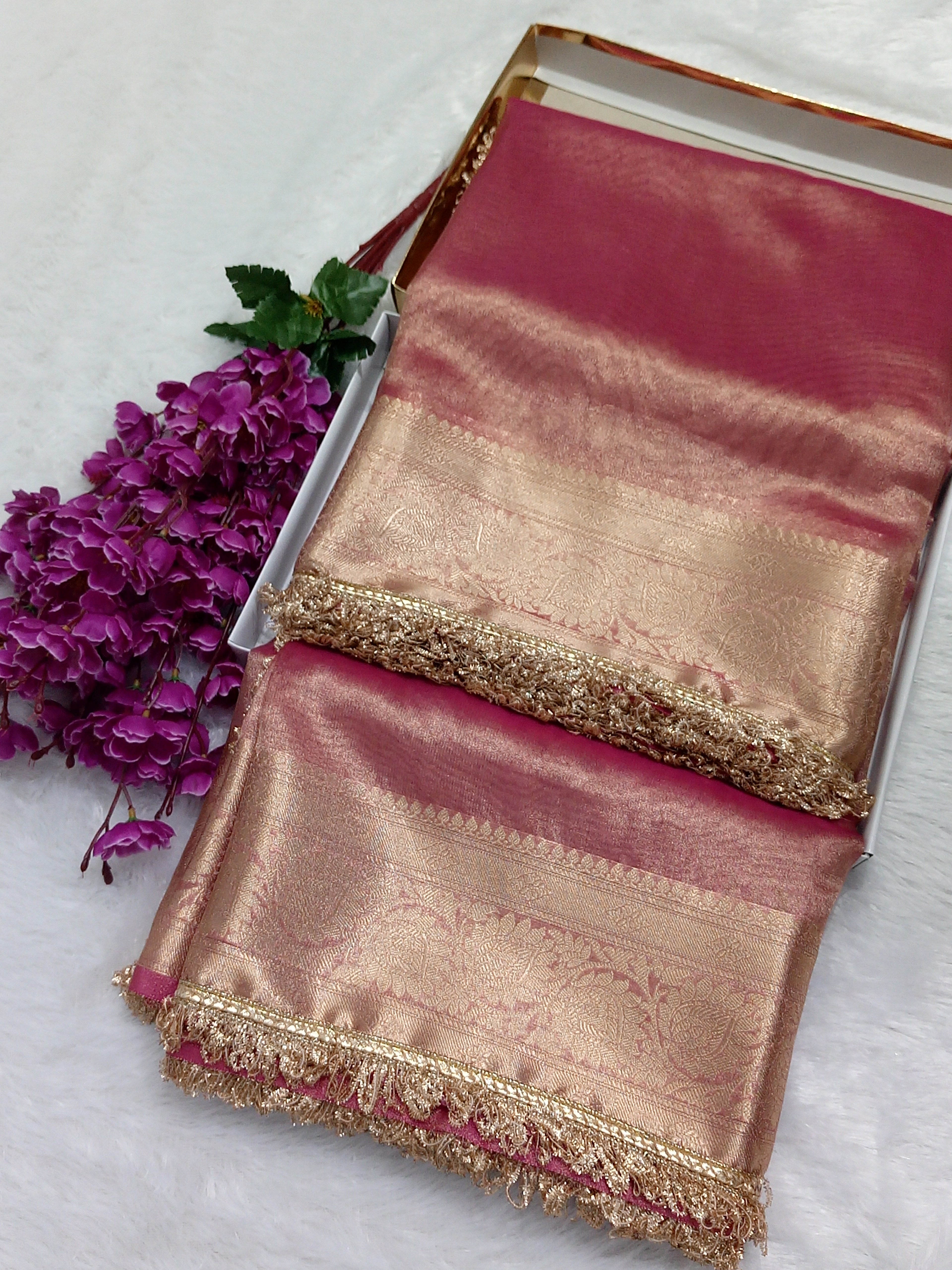 Pink Colour Tissue Plain Body Saree With Gota Patti Work