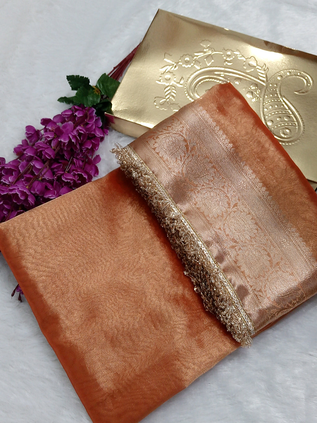 Orange Colour Tissue Plain Body Saree With Gota Patti Work