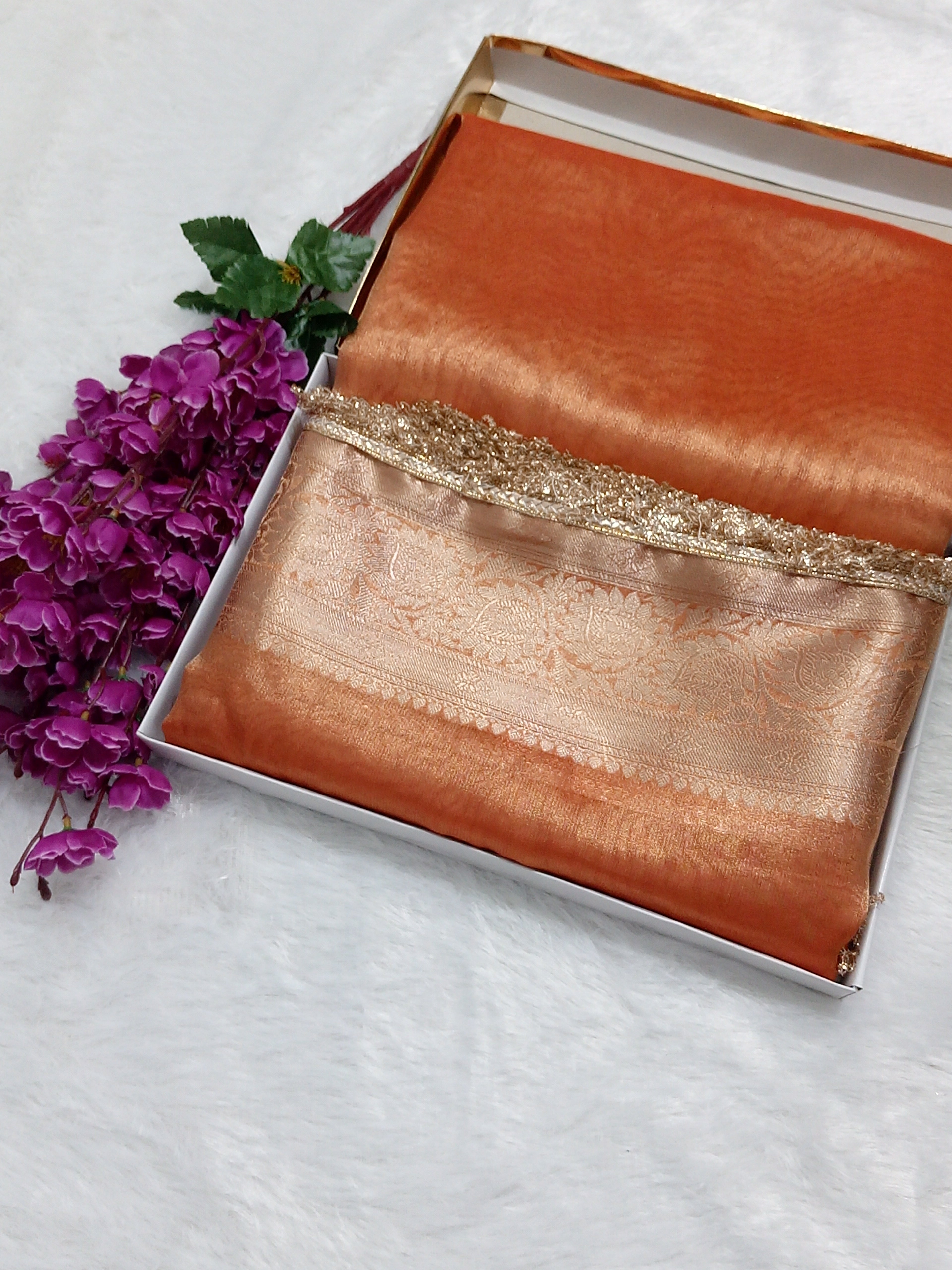 Orange Colour Tissue Plain Body Saree With Gota Patti Work
