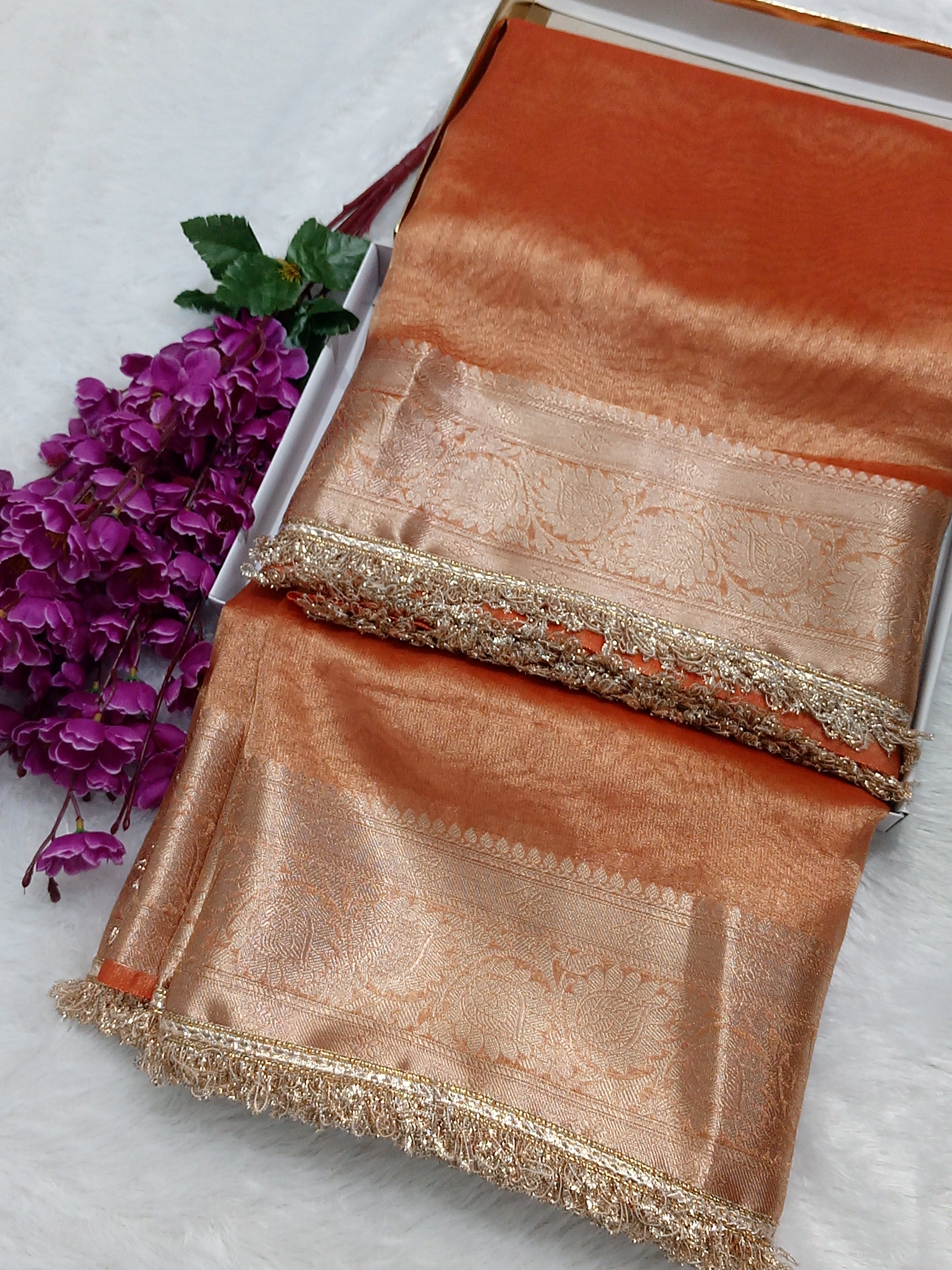 Orange Colour Tissue Plain Body Saree With Gota Patti Work