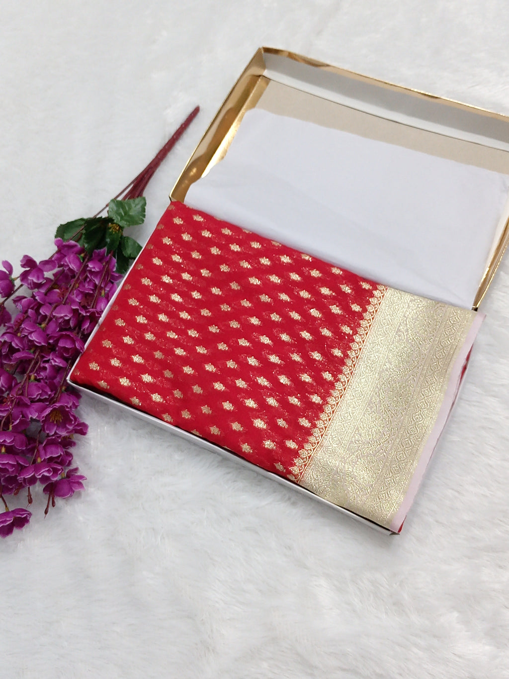 Red And Light Pink Zari Buti Georgette Saree