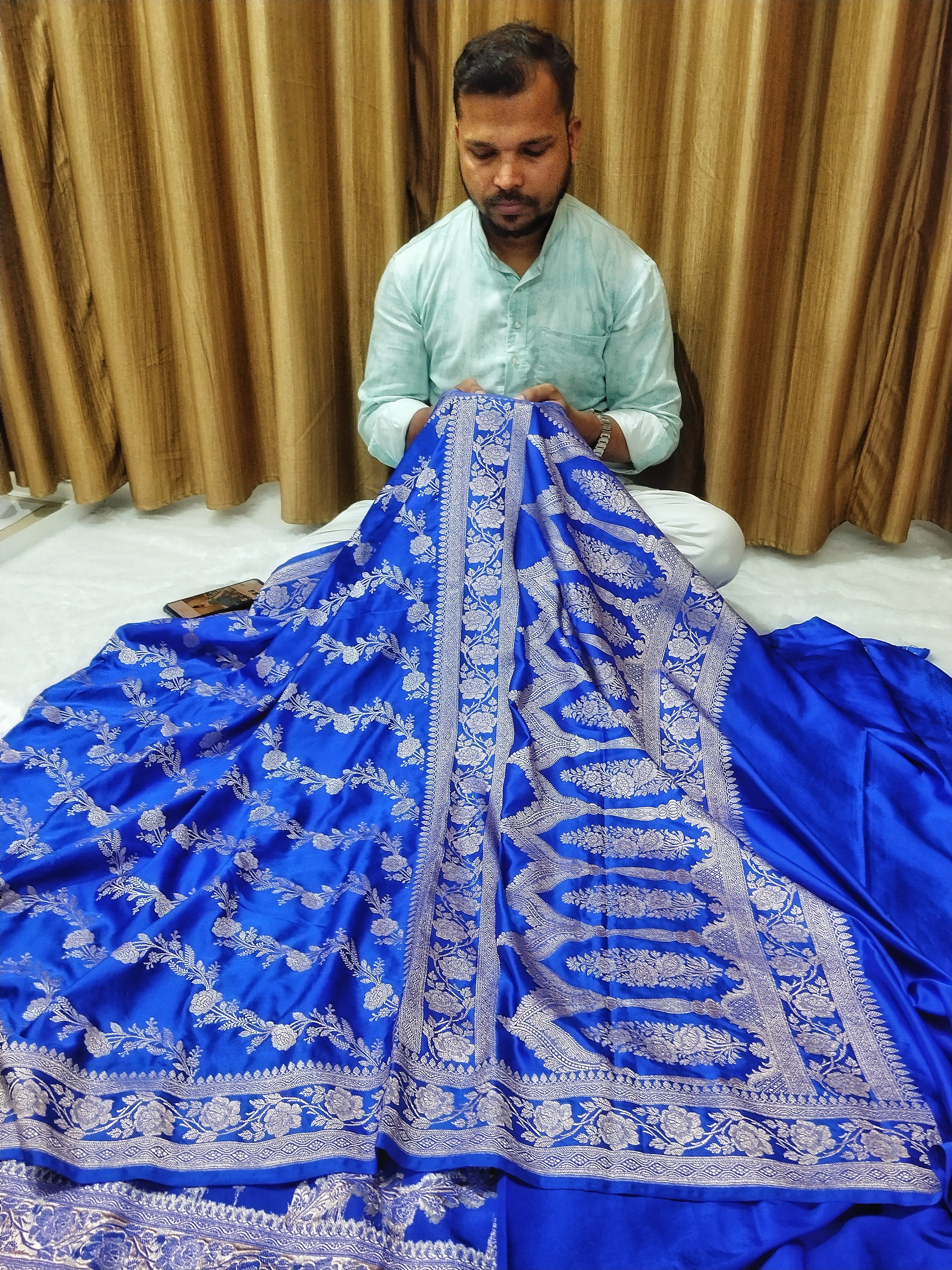 Blue Colour Banarasi Mashru Silk Saree With Jal Design